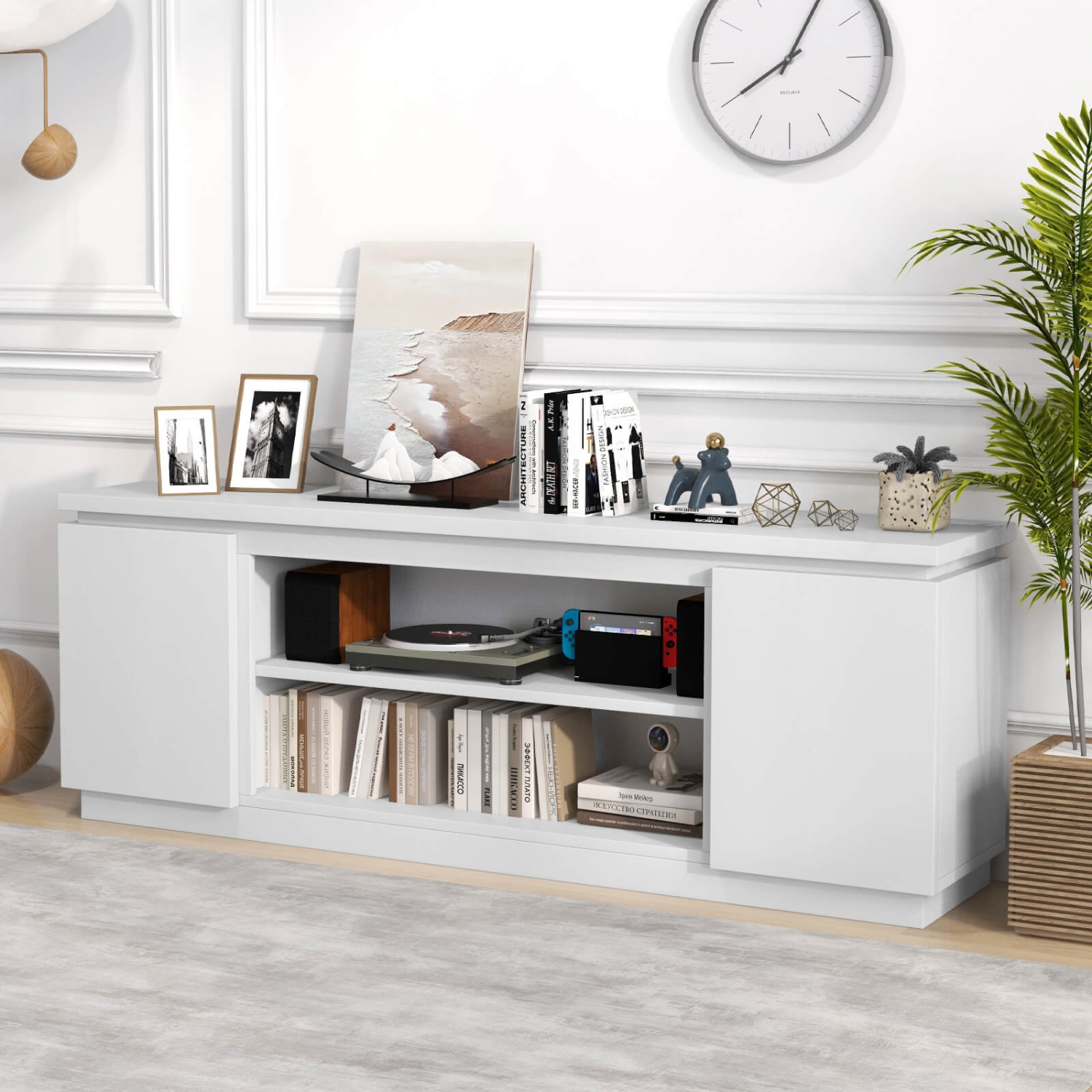 Meuble avec foyer de Costway pour téléviseur de 80&nbsp;po ou moins avec foyer électrique, 3 tablettes ajustables noir/blanc