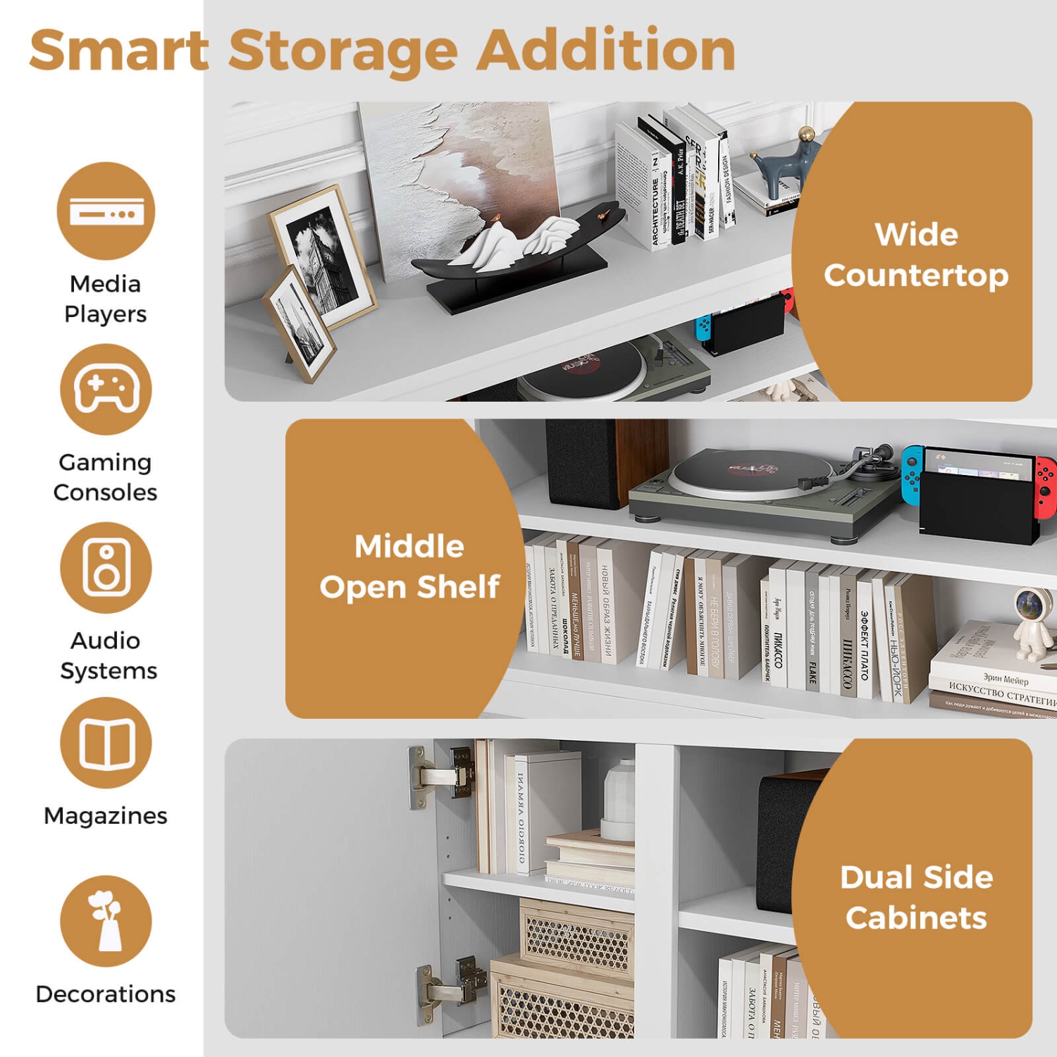 Meuble avec foyer de Costway pour téléviseur de 80&nbsp;po ou moins avec foyer électrique, 3 tablettes ajustables noir/blanc