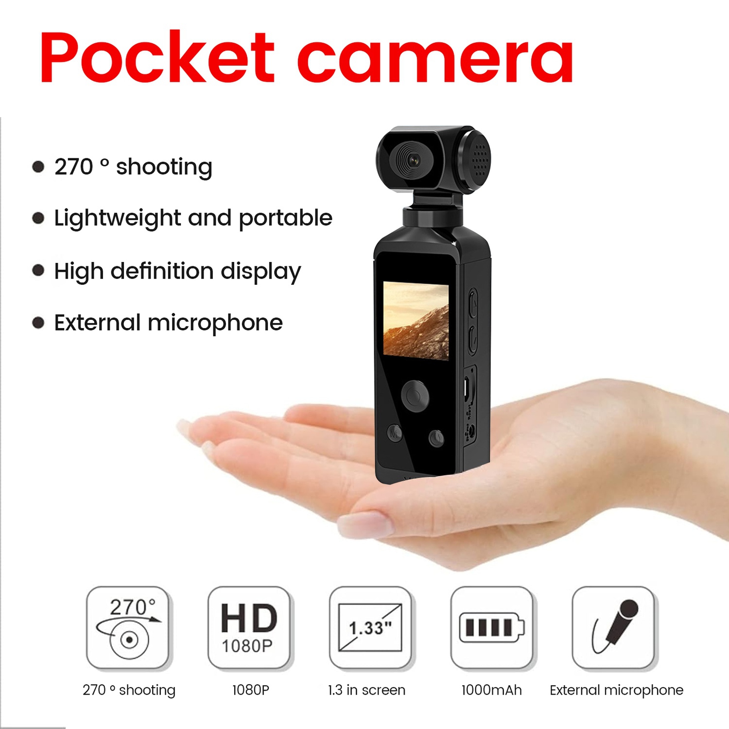 Caméra d'action de poche, caméra vidéo portative 16&nbsp;Mpx 4K 30 ips Wi-Fi, caméra d'action avec écran HD LCD