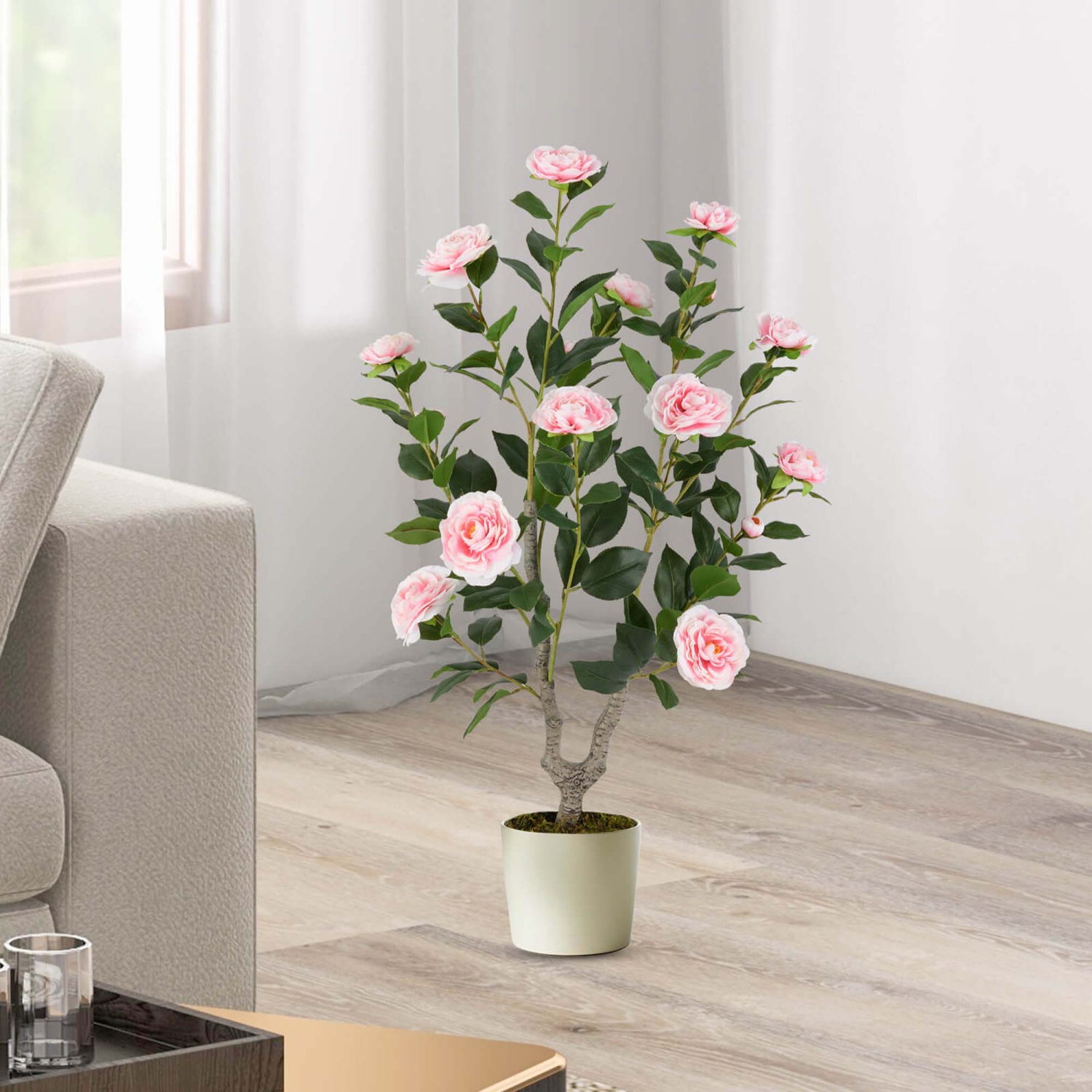 Costway 1 PCS 36" Artificial Camellia Tree Fake Potted Tree Greenery Floral Plant Modern Pink