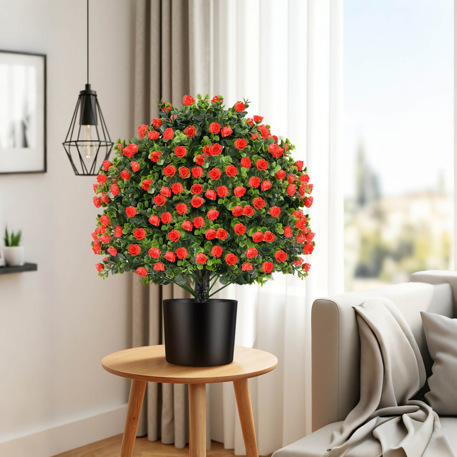 Costway 2 Pack Artificial Rose Topiary Ball Tree Faux Shrub Bushes with Flowers