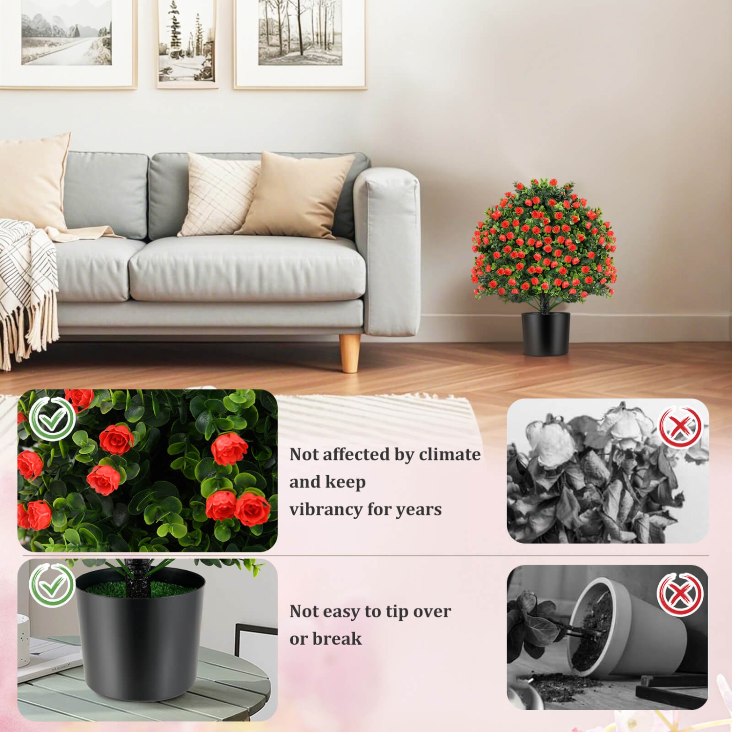 Costway 2 Pack Artificial Rose Topiary Ball Tree Faux Shrub Bushes with Flowers