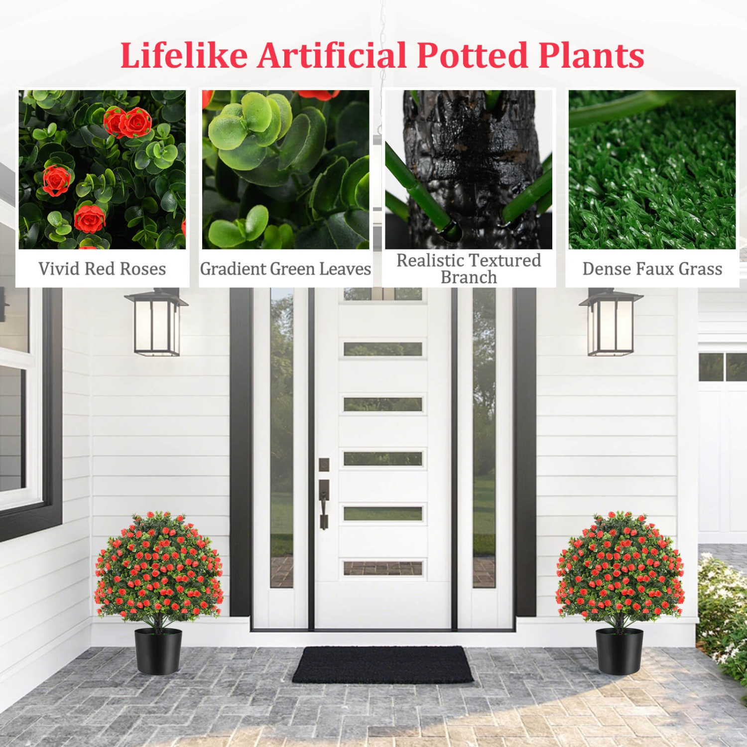 Costway 2 Pack Artificial Rose Topiary Ball Tree Faux Shrub Bushes with Flowers