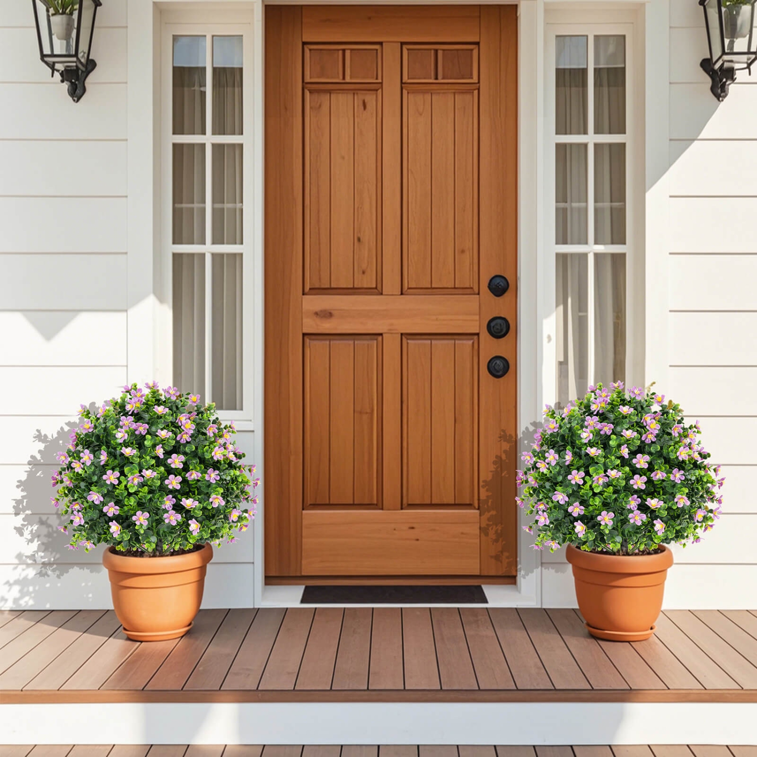 Costway 2 Pack Artificial Boxwood Topiary Ball Tree Faux Shrub Bushes with Flowers White/Purple