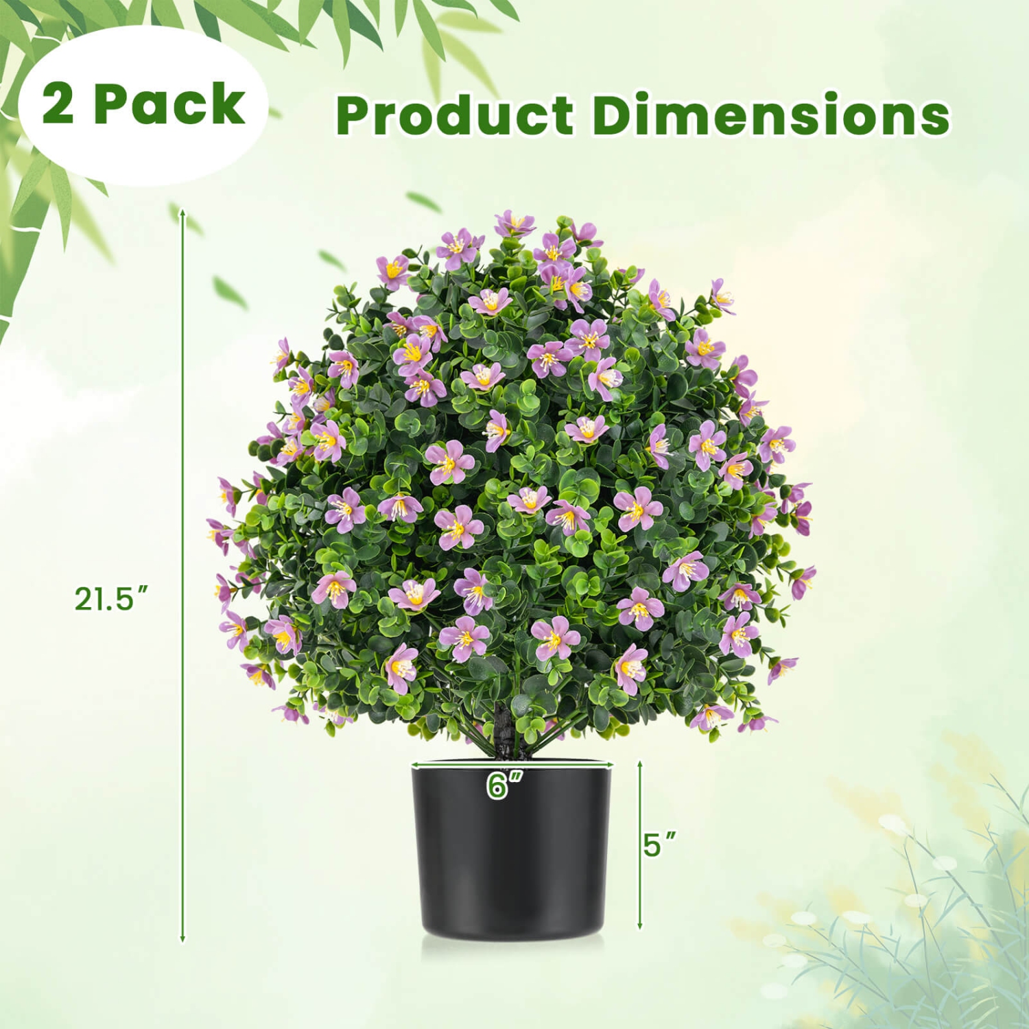 Costway 2 Pack Artificial Boxwood Topiary Ball Tree Faux Shrub Bushes with Flowers White/Purple