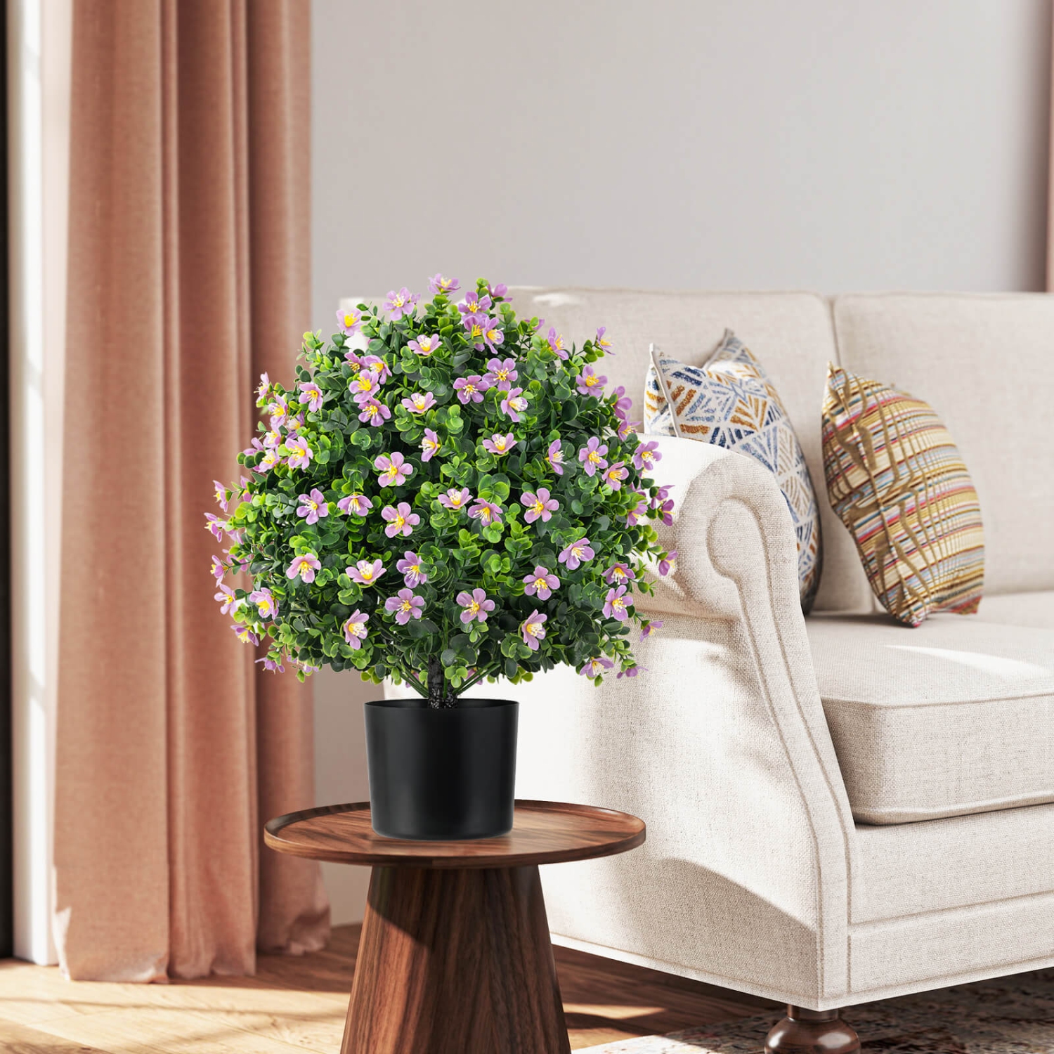 Costway 2 Pack Artificial Boxwood Topiary Ball Tree Faux Shrub Bushes with Flowers White/Purple