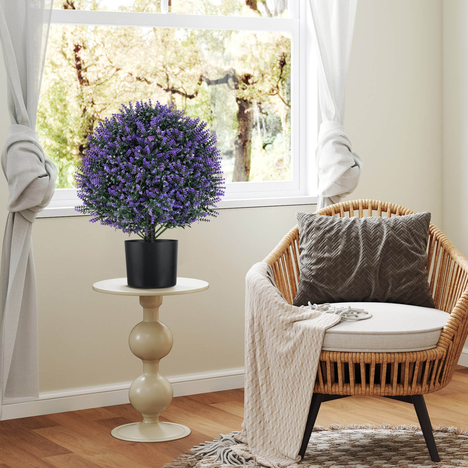 Costway 2 Pack Artificial Lavender Topiary Ball Tree Faux Shrub Bushes with Flowers