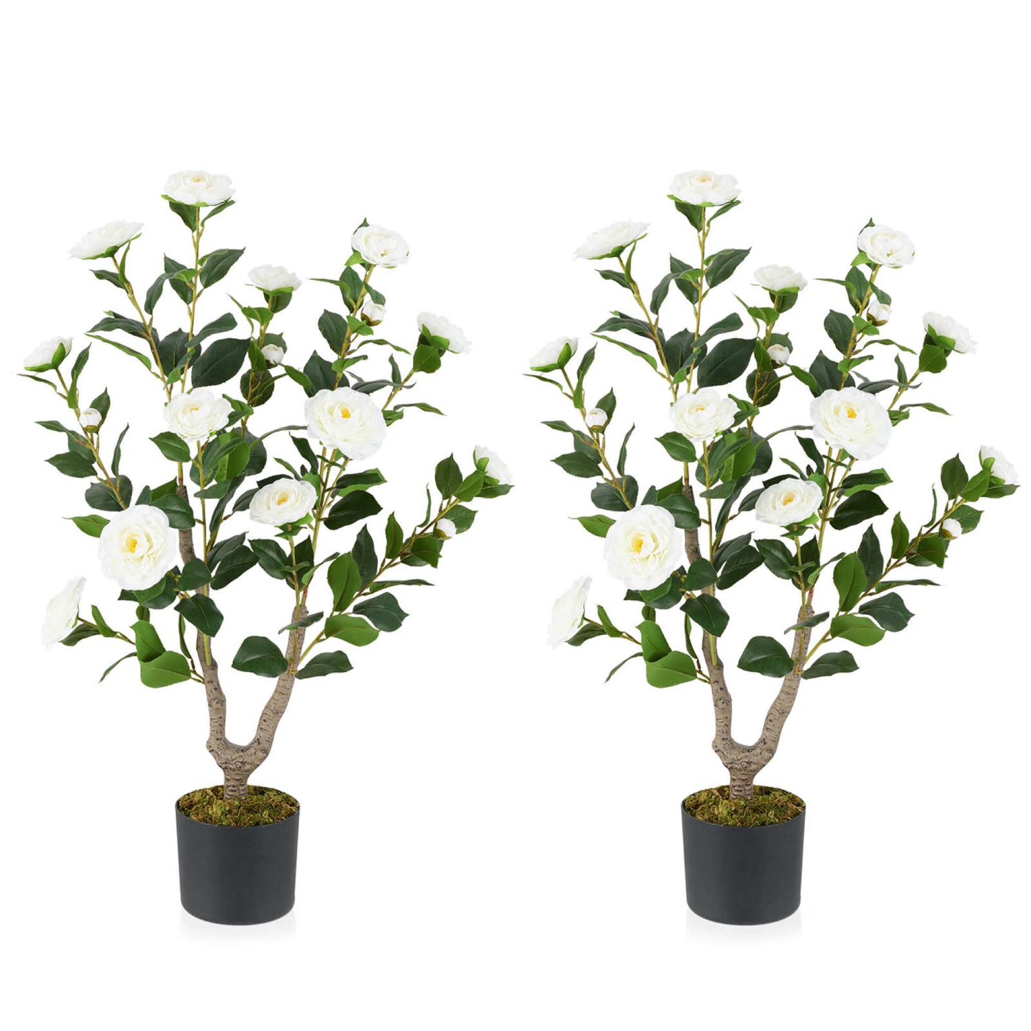 Costway 2 PCS 36" Artificial Camellia Tree Fake Potted Tree Greenery Floral Plant Modern White