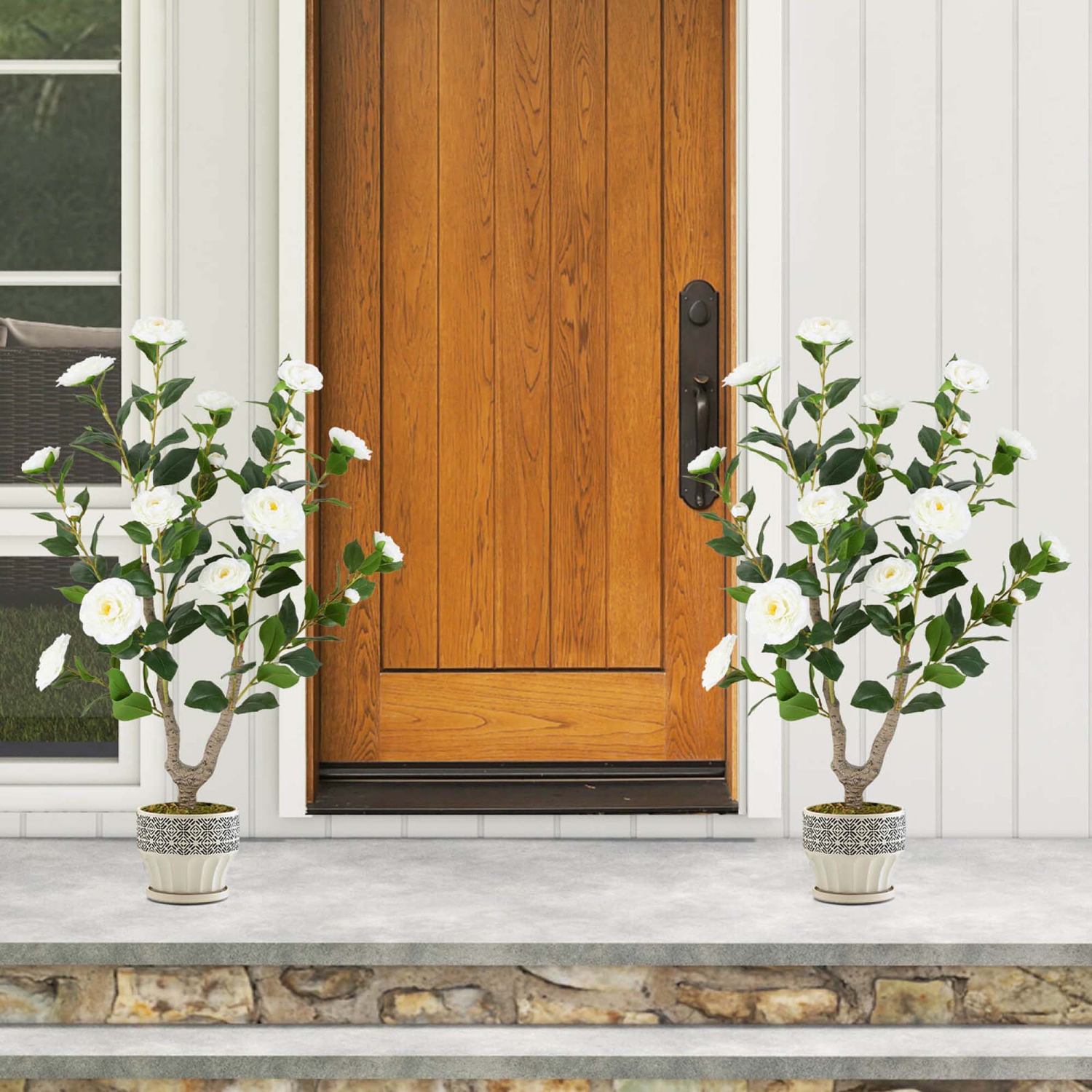 Costway 2 PCS 36" Artificial Camellia Tree Fake Potted Tree Greenery Floral Plant Modern White