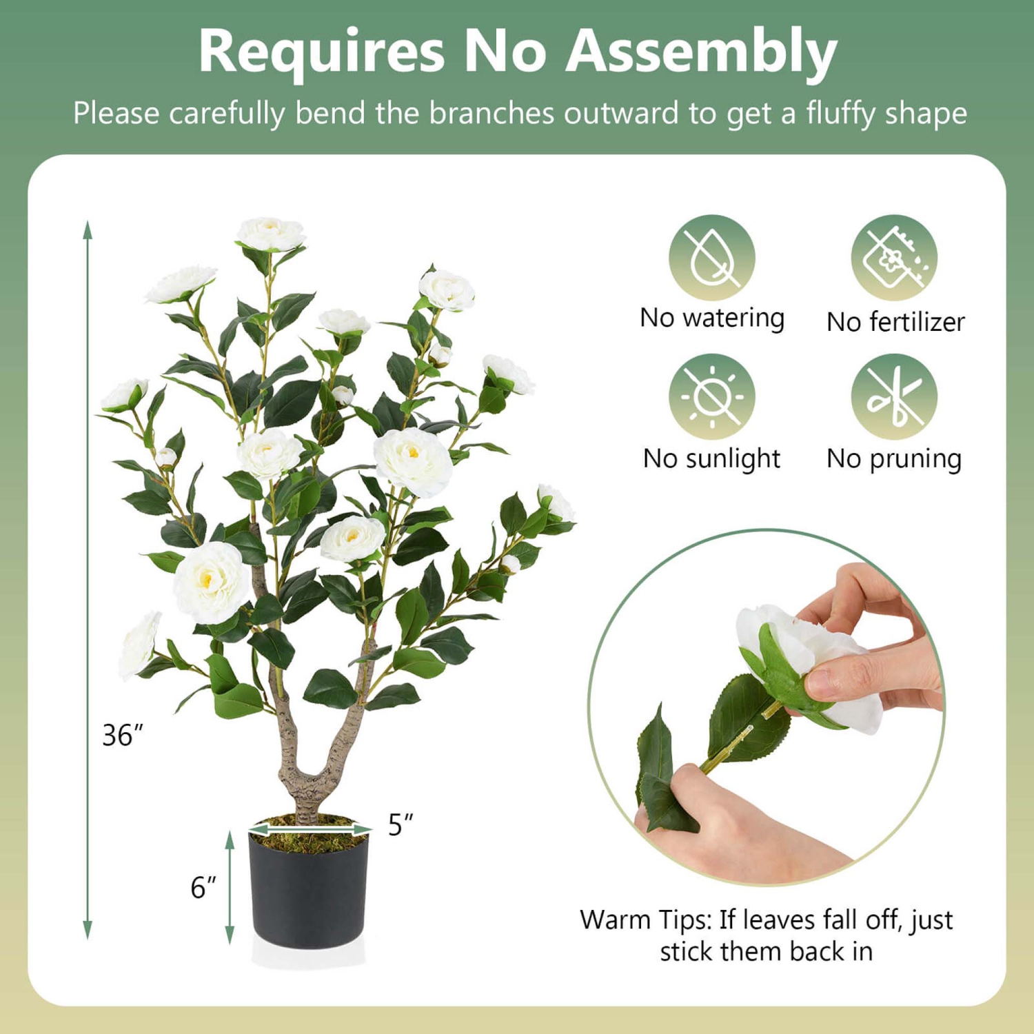 Costway 2 PCS 36" Artificial Camellia Tree Fake Potted Tree Greenery Floral Plant Modern White