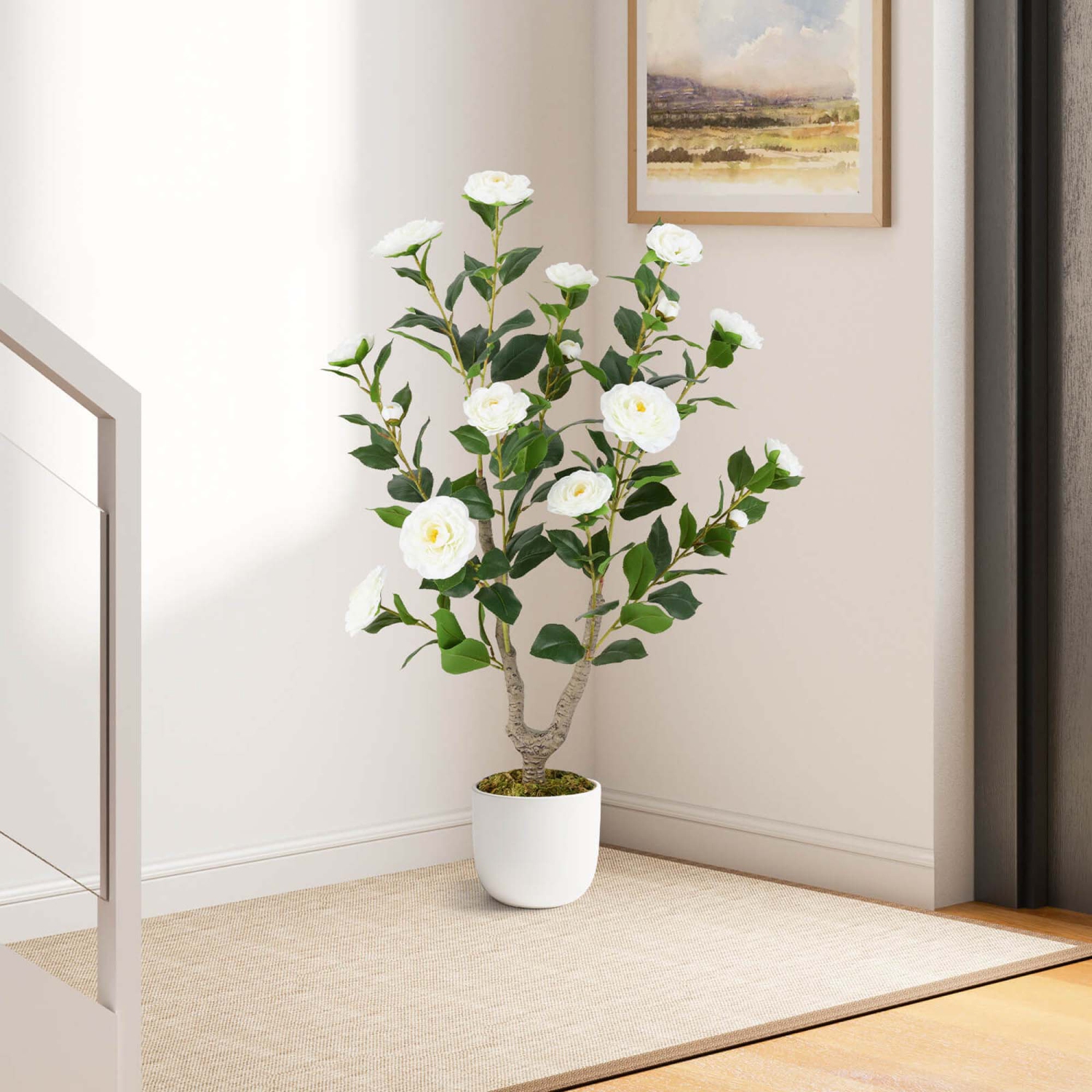 Costway 2 PCS 36" Artificial Camellia Tree Fake Potted Tree Greenery Floral Plant Modern White