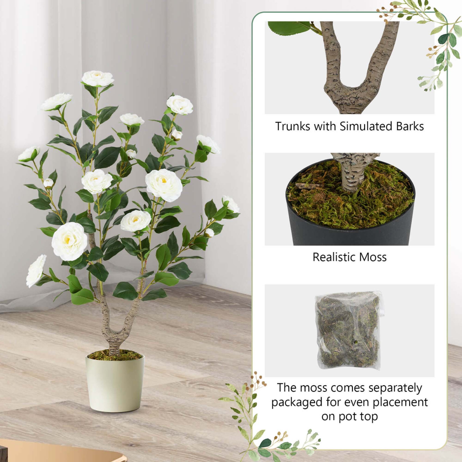 Costway 2 PCS 36" Artificial Camellia Tree Fake Potted Tree Greenery Floral Plant Modern White