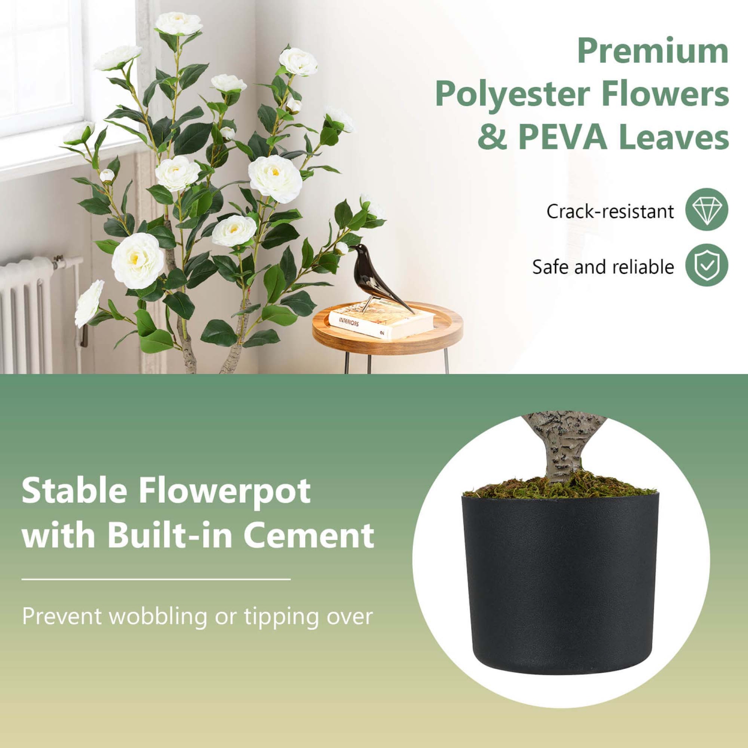 Costway 2 PCS 36" Artificial Camellia Tree Fake Potted Tree Greenery Floral Plant Modern White