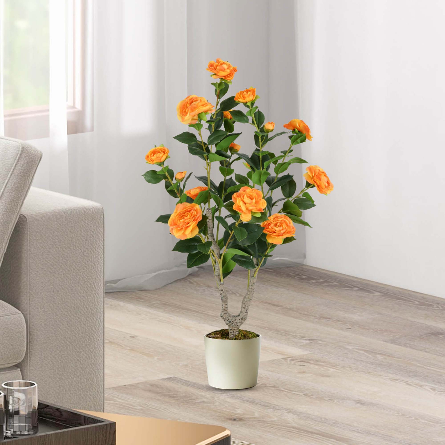 Costway 1 PCS 36" Artificial Camellia Tree Fake Potted Tree Greenery Floral Plant Modern Orange