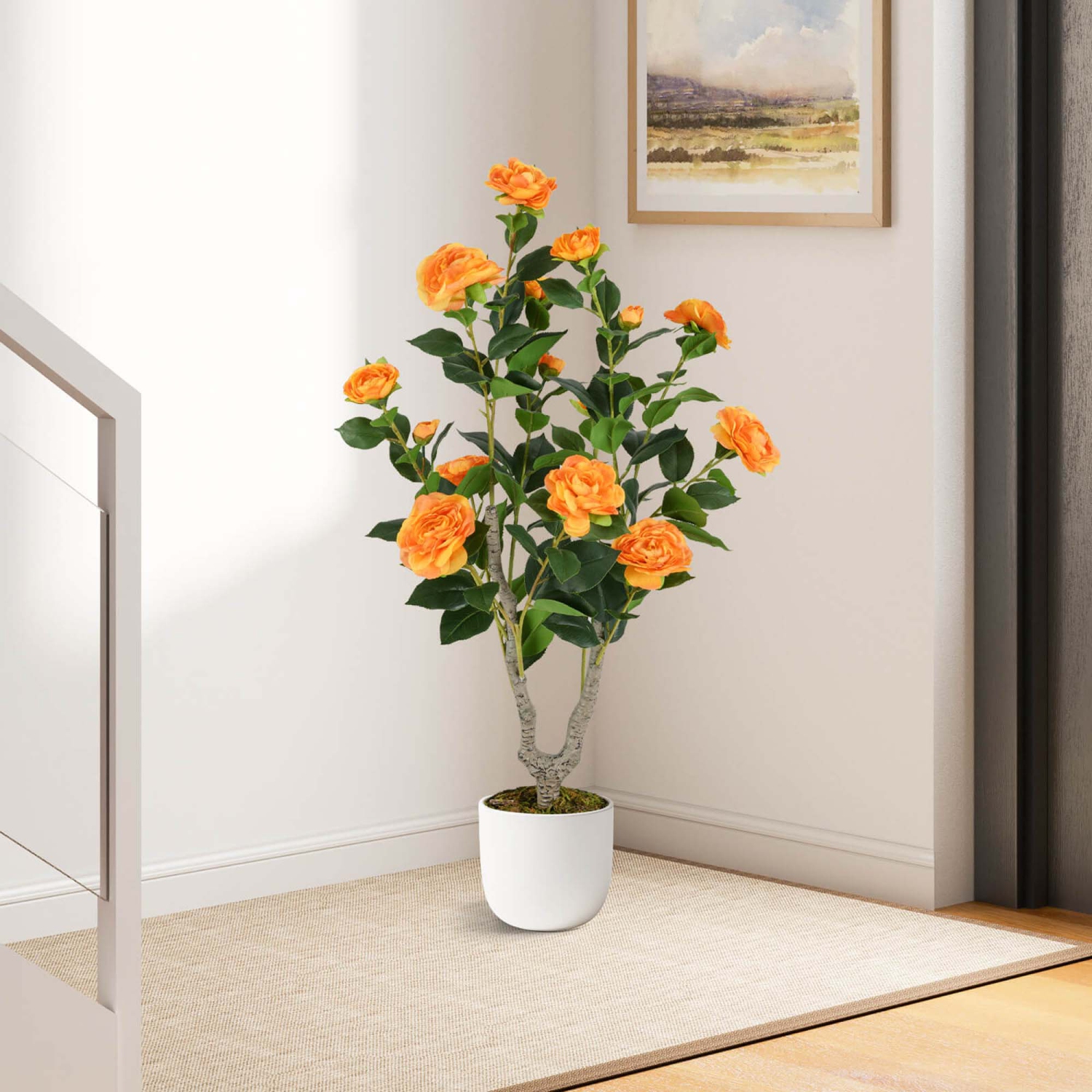 Costway 1 PCS 36" Artificial Camellia Tree Fake Potted Tree Greenery Floral Plant Modern Orange