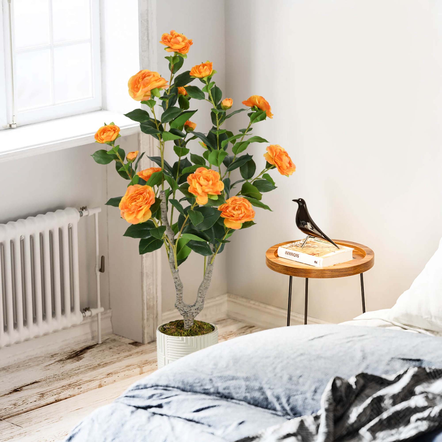 Costway 1 PCS 36" Artificial Camellia Tree Fake Potted Tree Greenery Floral Plant Modern Orange