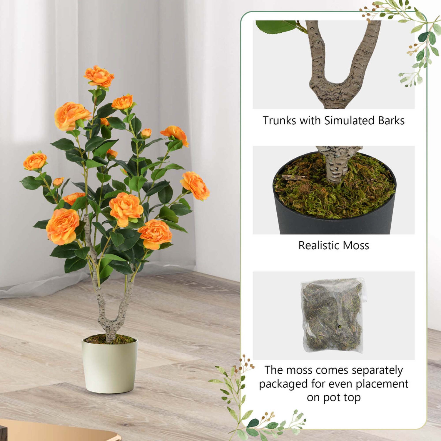 Costway 1 PCS 36" Artificial Camellia Tree Fake Potted Tree Greenery Floral Plant Modern Orange