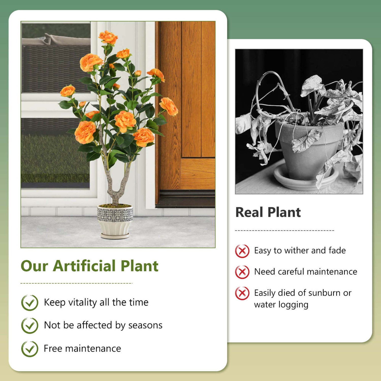 Costway 1 PCS 36" Artificial Camellia Tree Fake Potted Tree Greenery Floral Plant Modern Orange