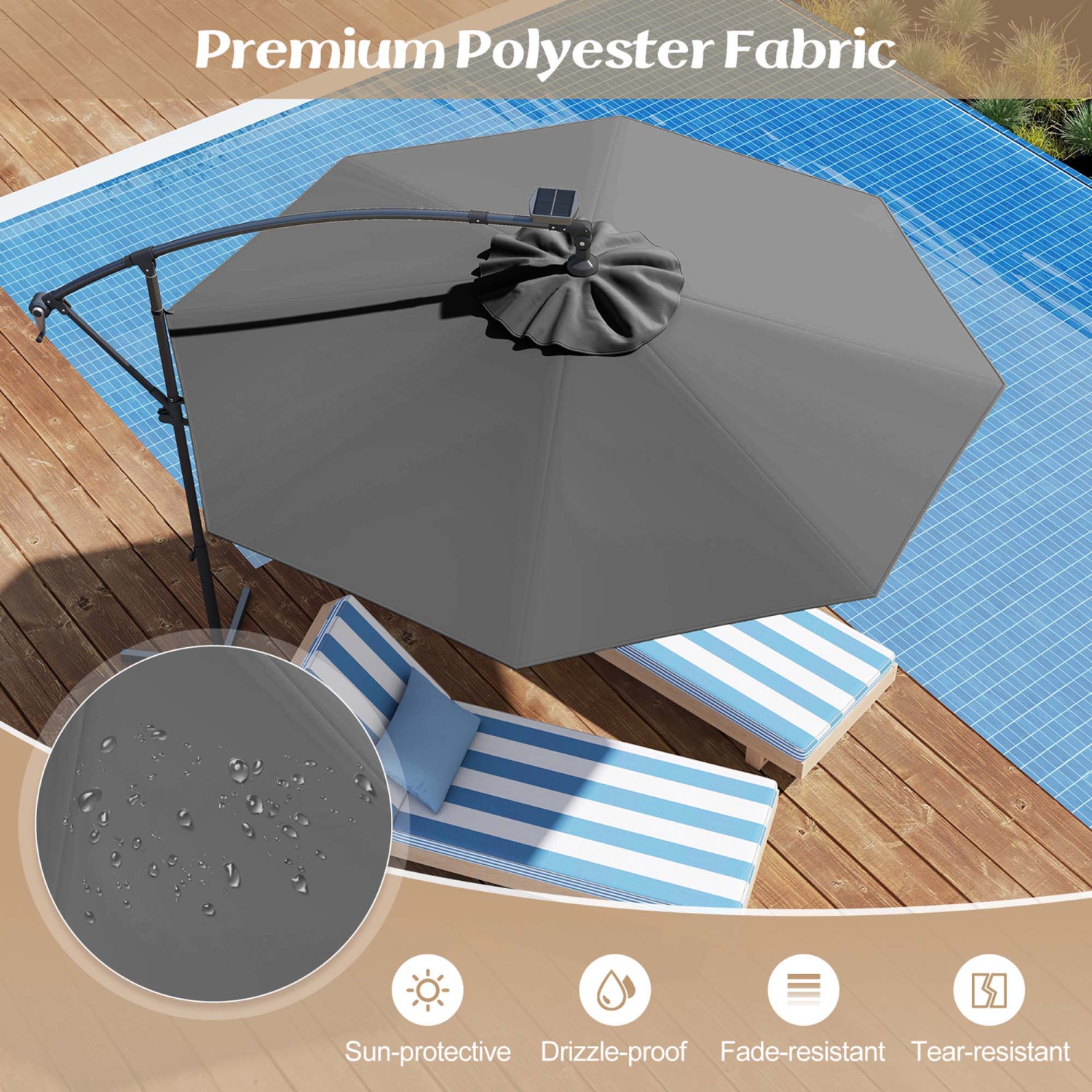 Costway 10FT Patio Offset Umbrella Solar LED 360degrees Rotation