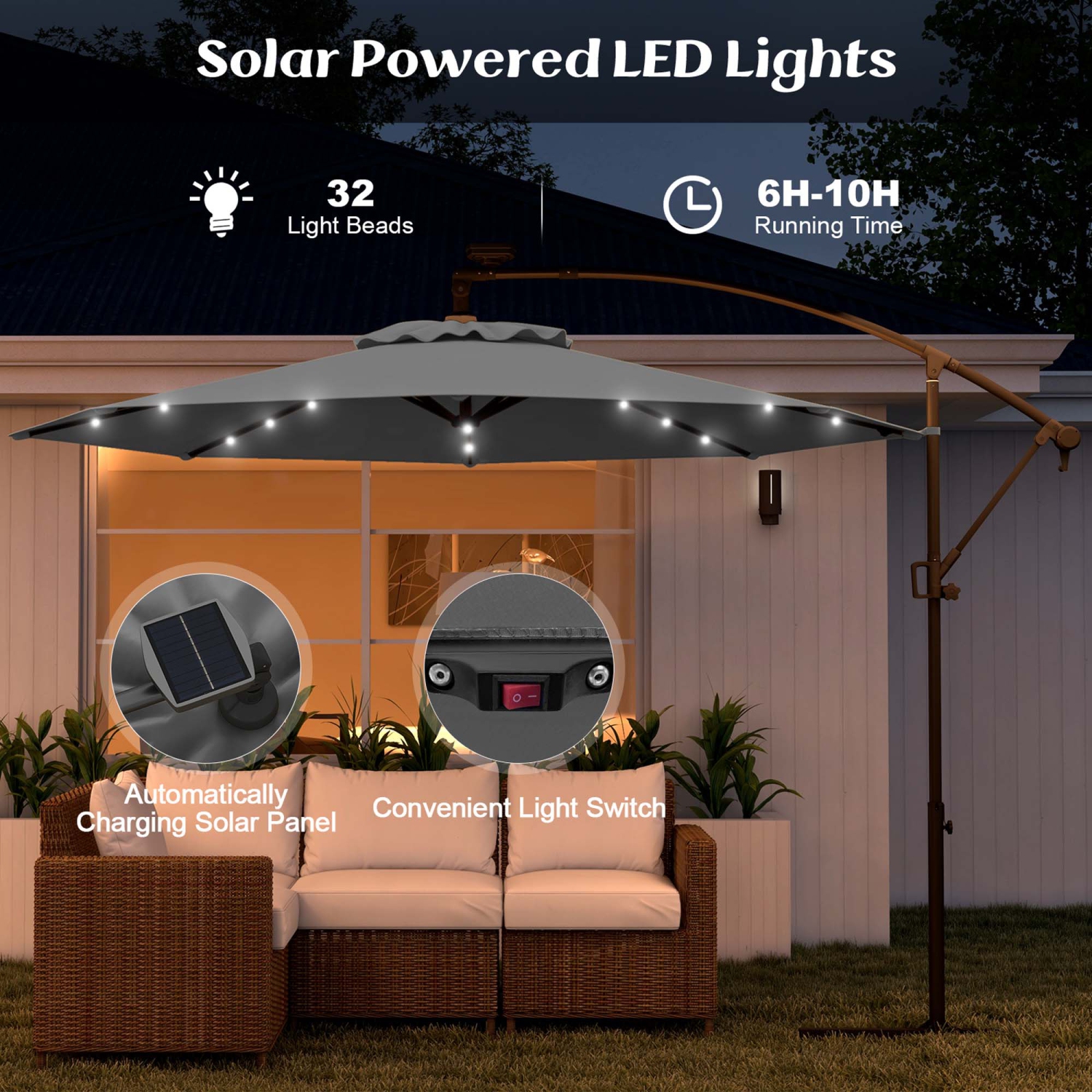 Costway 10FT Patio Offset Umbrella Solar LED 360degrees Rotation