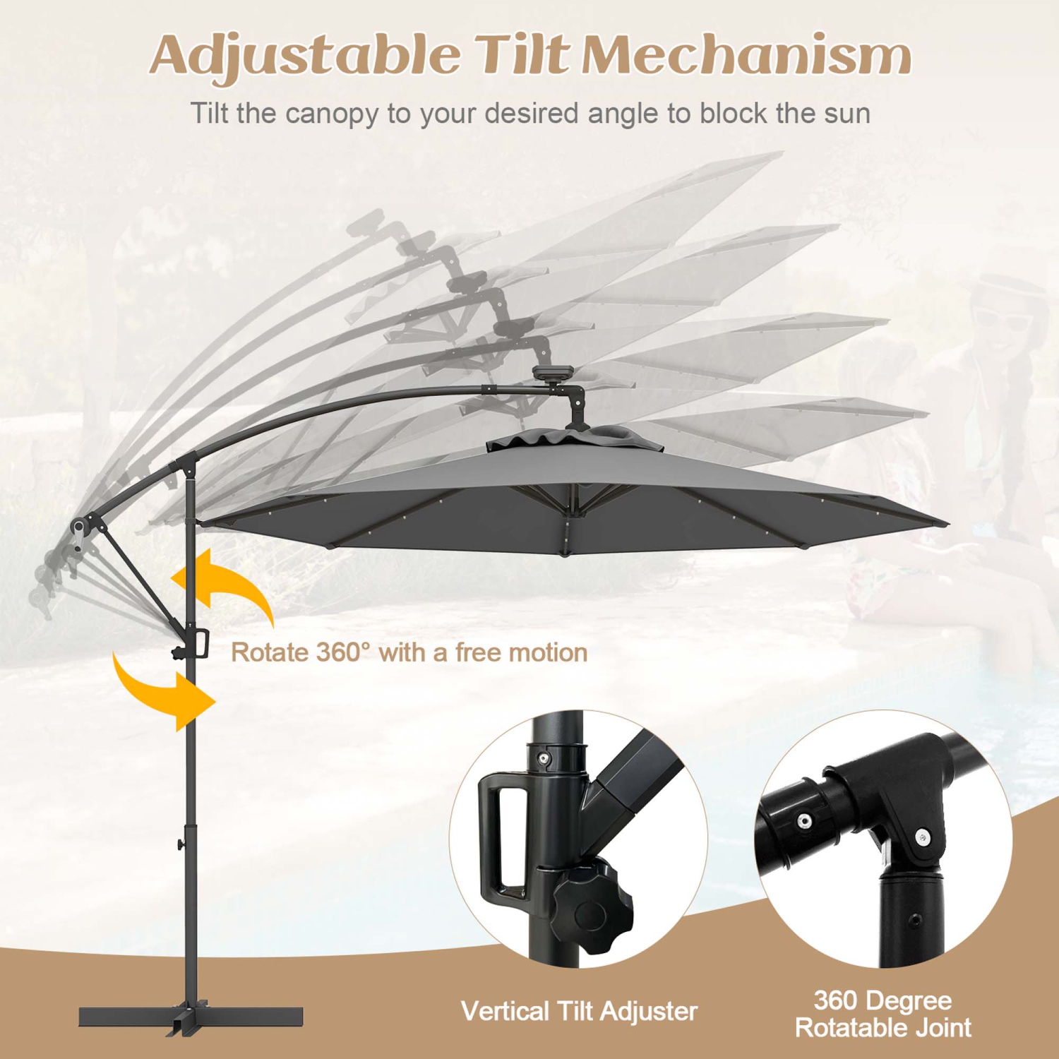 Costway 10FT Patio Offset Umbrella Solar LED 360degrees Rotation