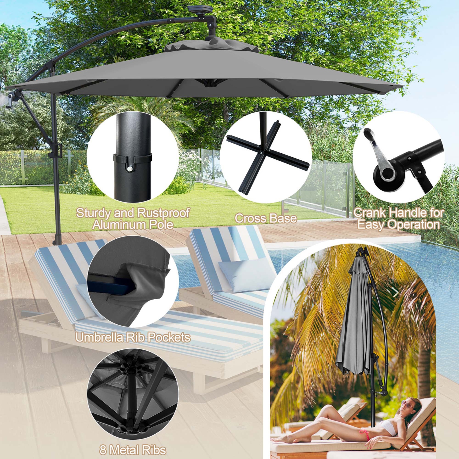 Costway 10FT Patio Offset Umbrella Solar LED 360degrees Rotation