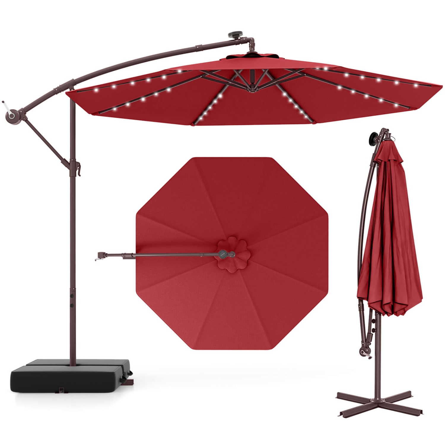 Costway Patio 10FT Hanging Offset Umbrella 32 LED Lights Sand Bag Outdoor Cross Base