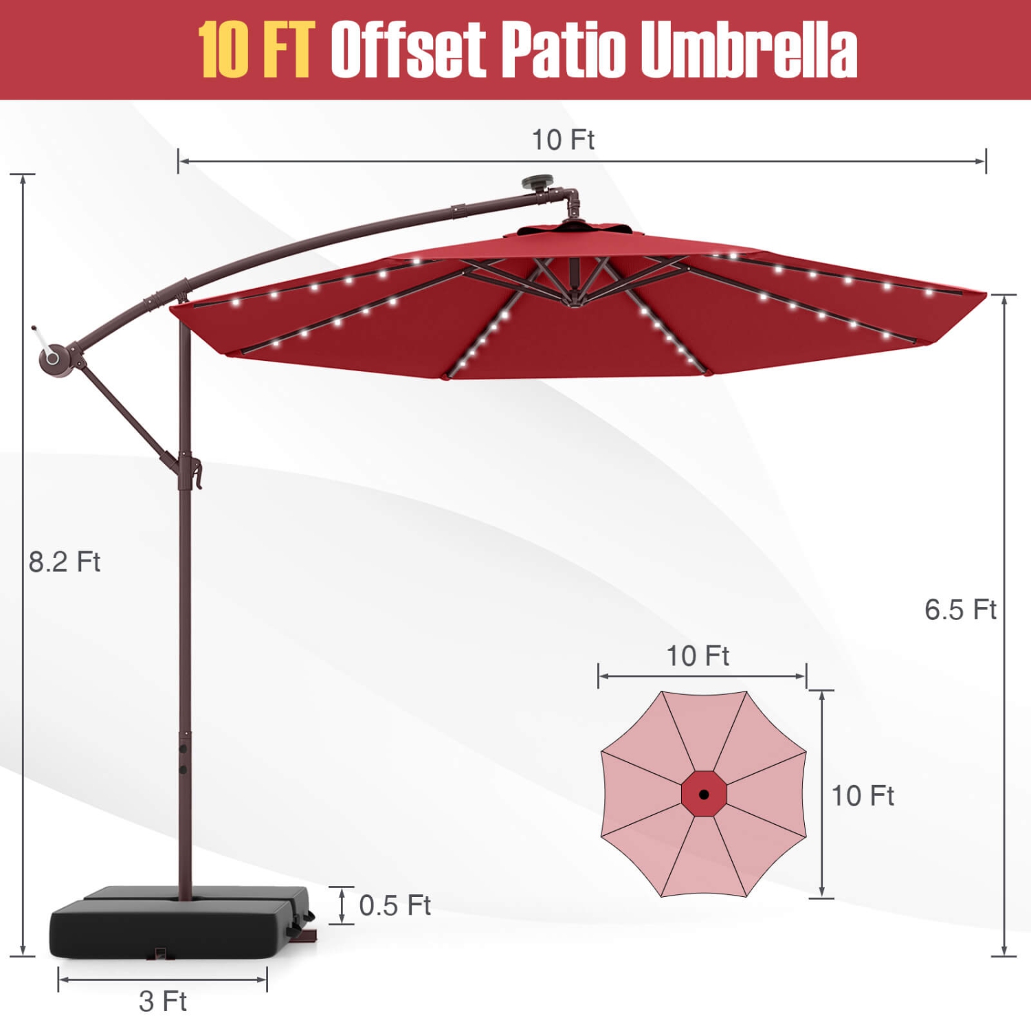 Costway Patio 10FT Hanging Offset Umbrella 32 LED Lights Sand Bag Outdoor Cross Base