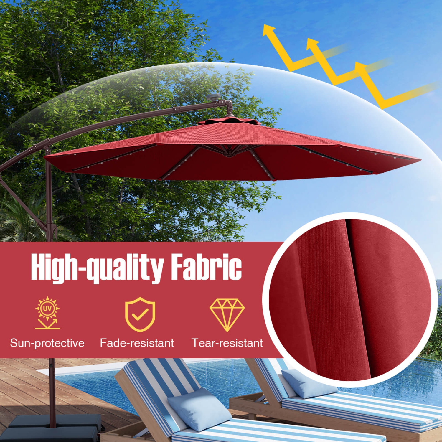 Costway Patio 10FT Hanging Offset Umbrella 32 LED Lights Sand Bag Outdoor Cross Base