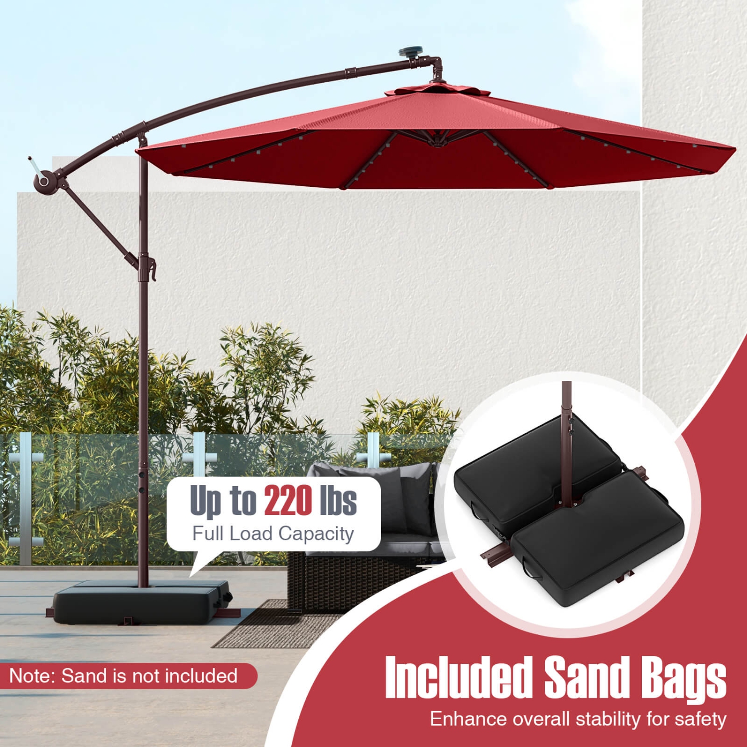 Costway Patio 10FT Hanging Offset Umbrella 32 LED Lights Sand Bag Outdoor Cross Base