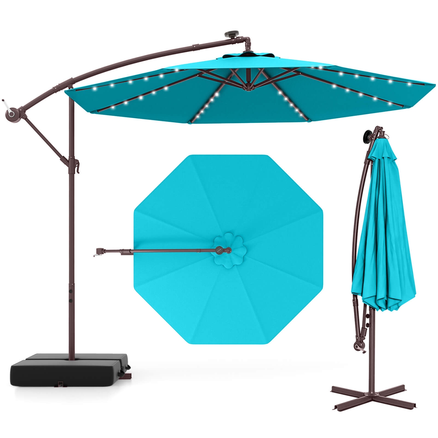 Costway Patio 10FT Hanging Offset Umbrella 32 LED Lights Sand Bag Outdoor Cross Base