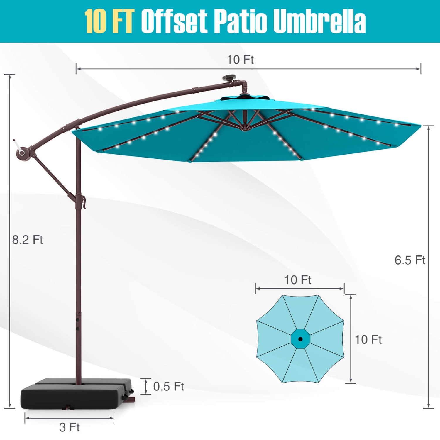 Costway Patio 10FT Hanging Offset Umbrella 32 LED Lights Sand Bag Outdoor Cross Base