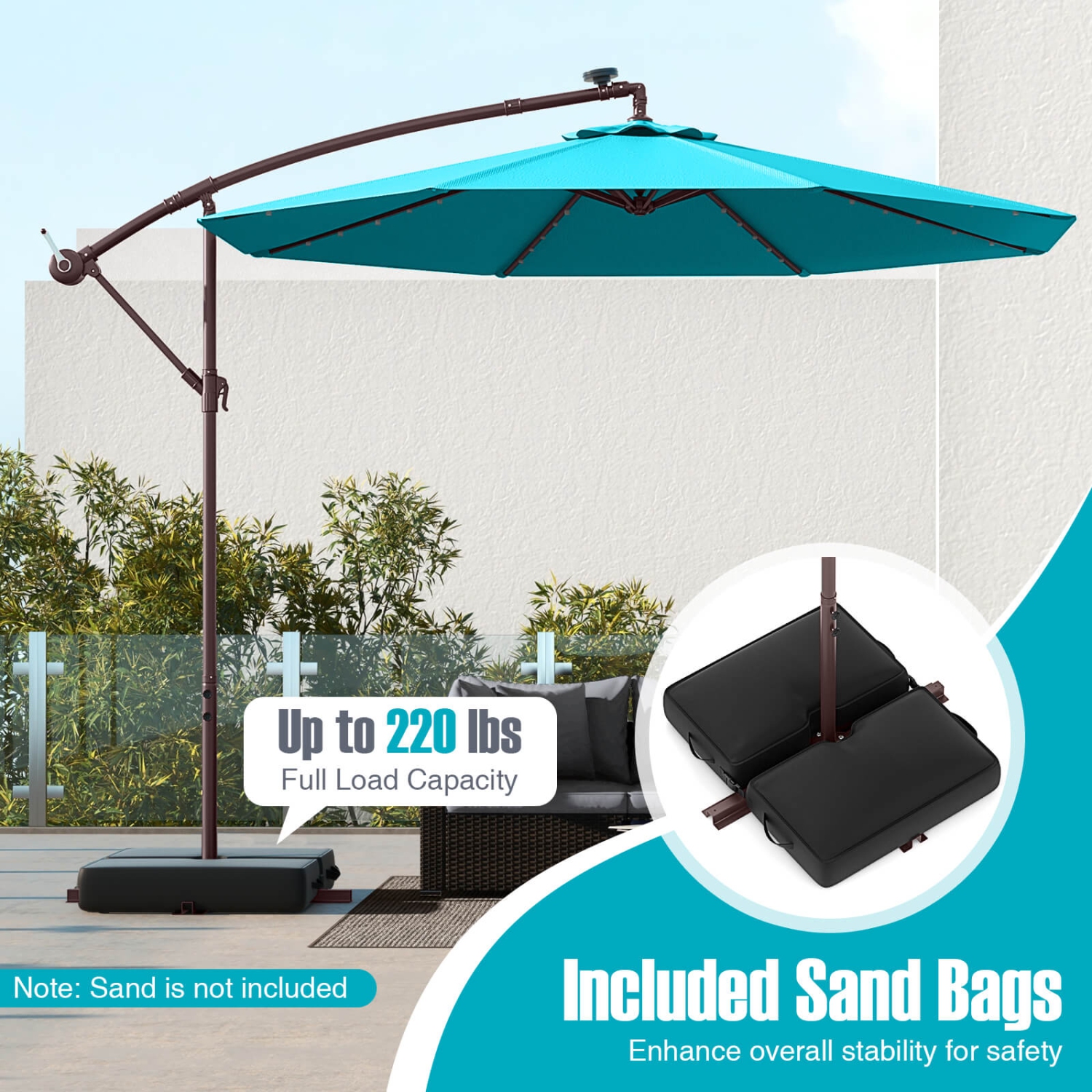 Costway Patio 10FT Hanging Offset Umbrella 32 LED Lights Sand Bag Outdoor Cross Base
