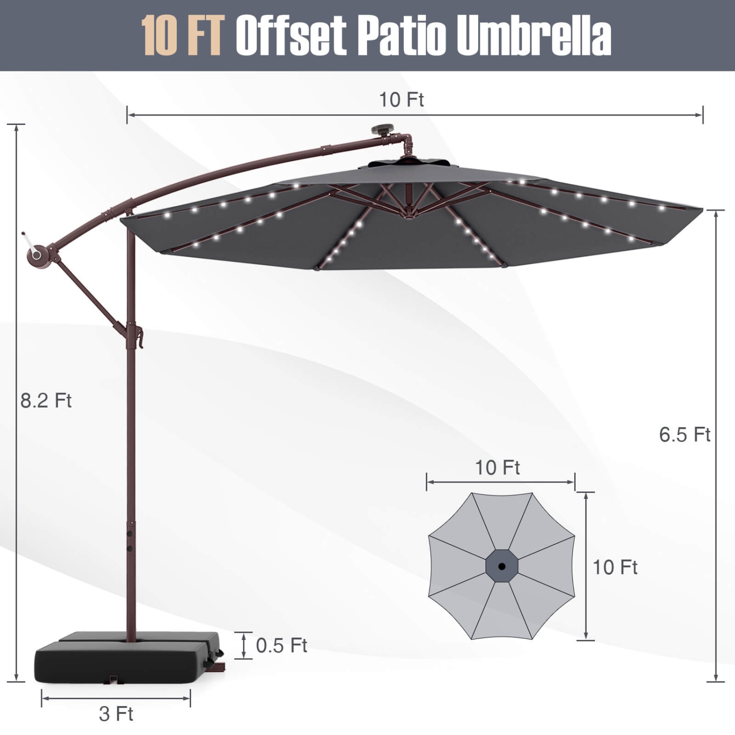 Parasol excentré suspendu de 10 pi de Costway à 32 lumières LED Base croisée d'extérieur en sac de sable
