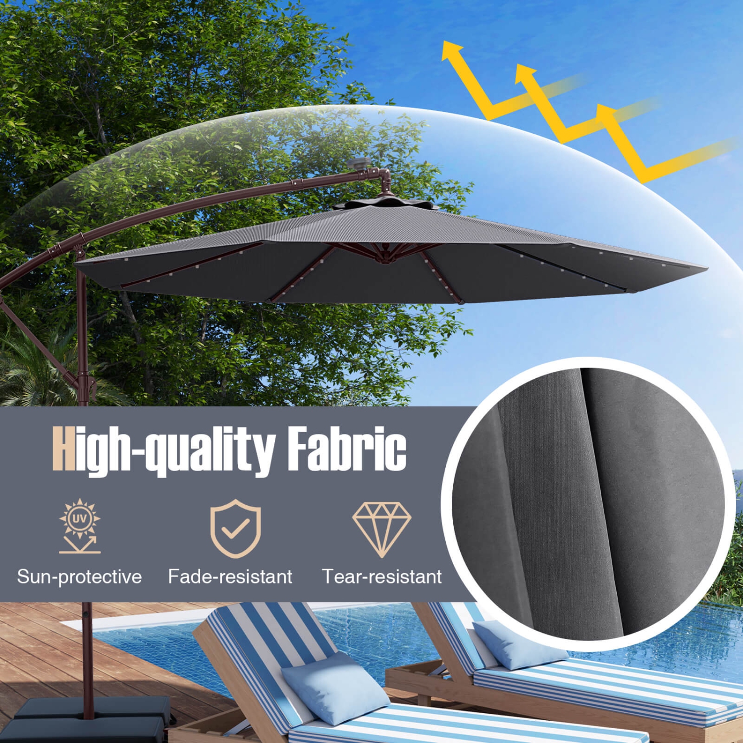 Parasol excentré suspendu de 10 pi de Costway à 32 lumières LED Base croisée d'extérieur en sac de sable