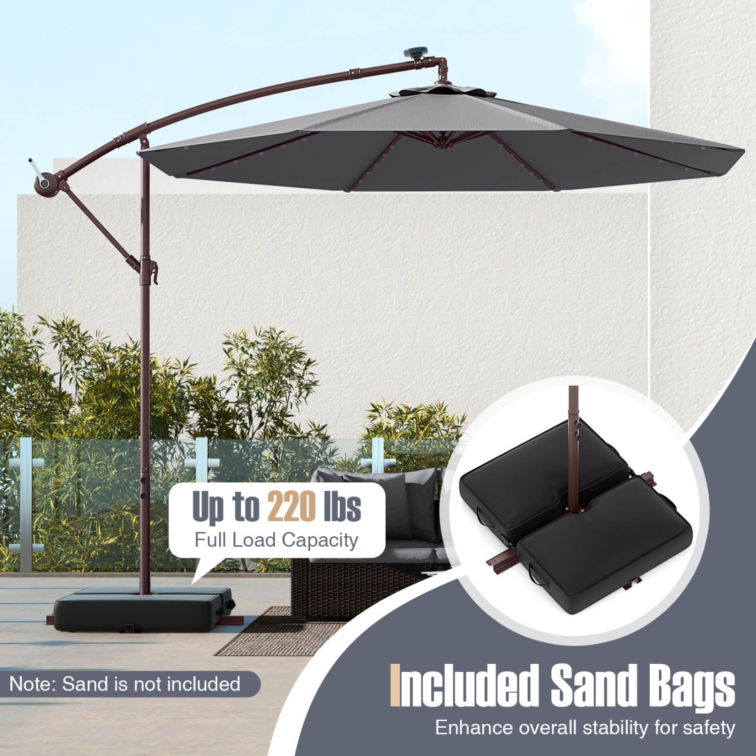 Parasol excentré suspendu de 10 pi de Costway à 32 lumières LED Base croisée d'extérieur en sac de sable