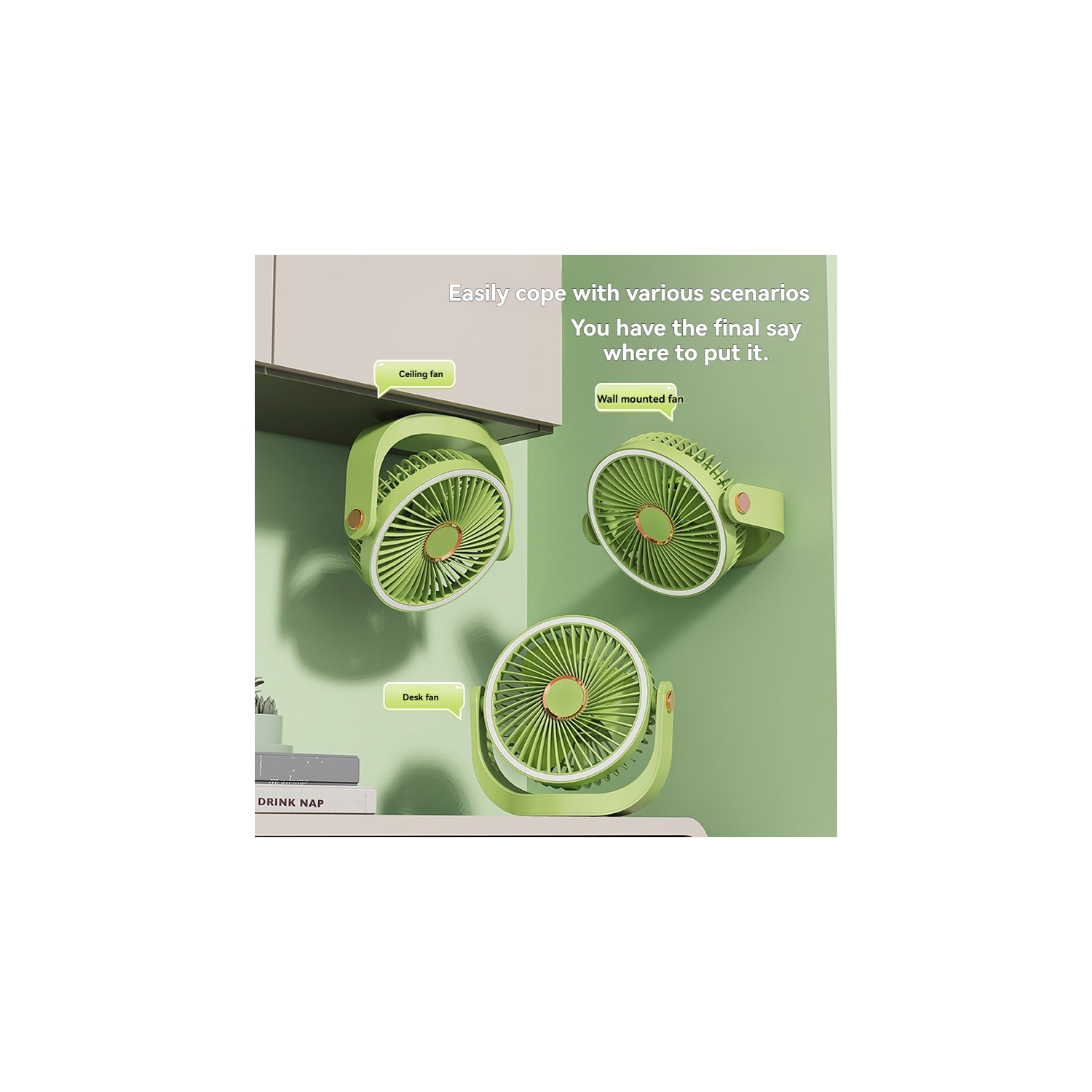 Ventilateur à fréquence variable de 360° à deux modes｜Réglage à cinq vitesses｜Recharge rapide de type C｜Énergie éolienne silencieuse｜Double usage au