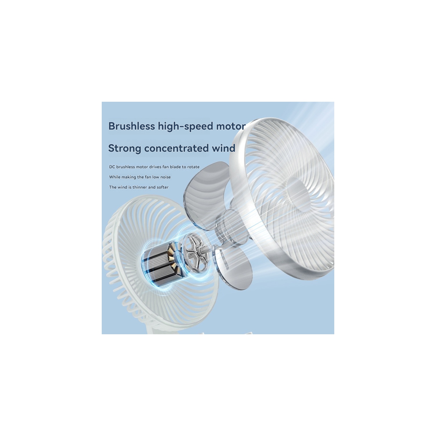 White 4-speed adjustable USB desk fan - ultra-quiet brushless motor, 3600 mAh battery, swings left and right, portable cooling device for office/home