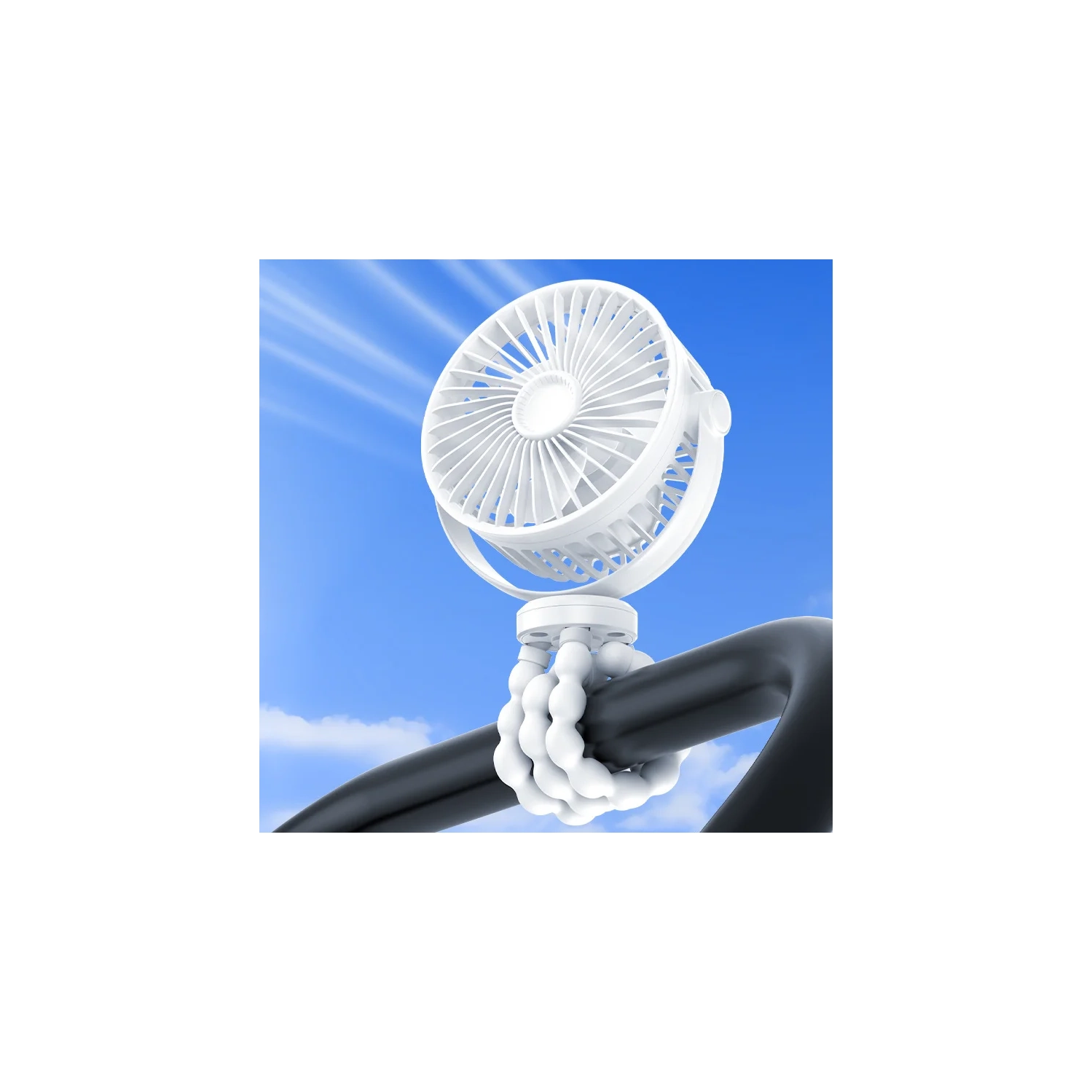 Ventilador de clip de 3600 mAh: ajustable a 720°, silencioso, alimentación por USB, tres velocidades, batería de larga duración, apto para bebés, viajes y hogar, color blanco.