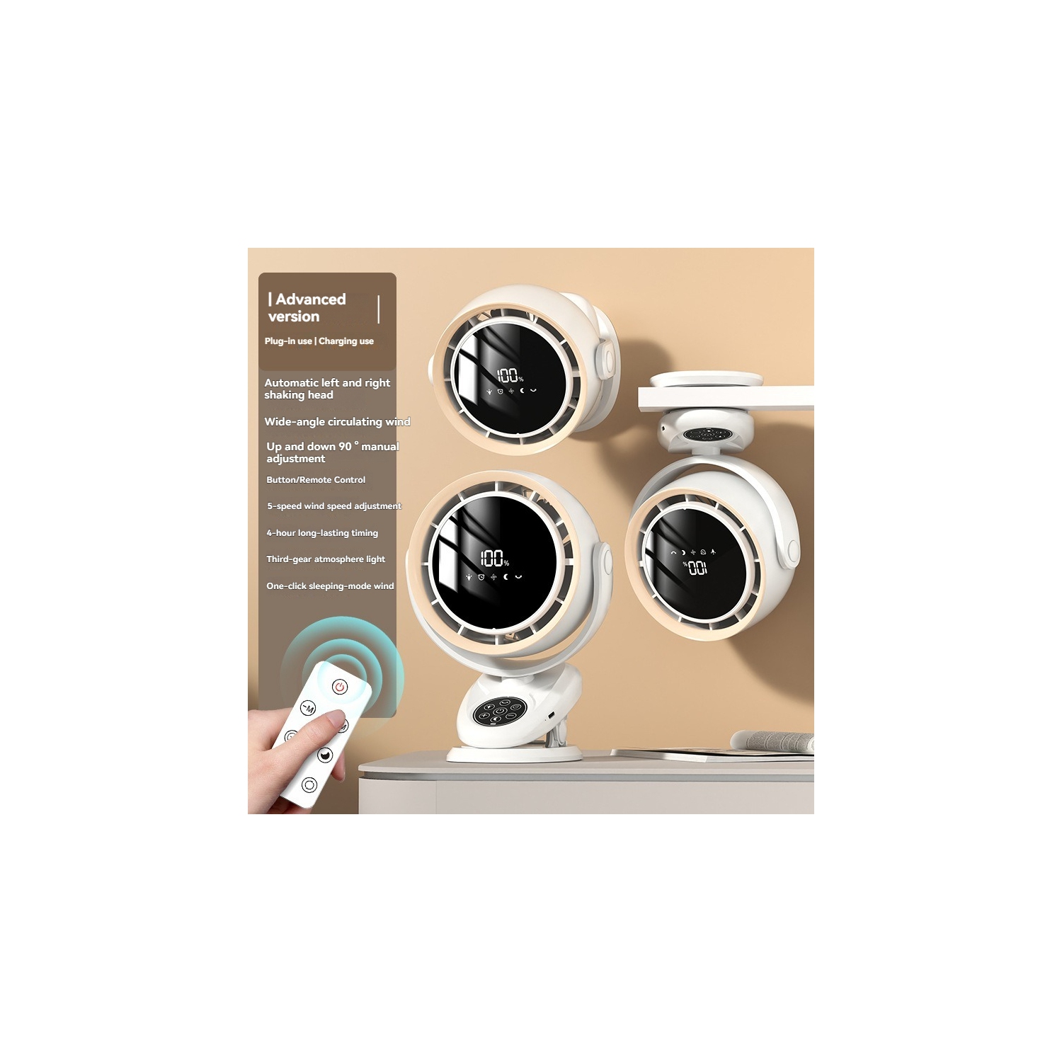 Smart remote control circulation fan, Rechargeable/plug-in, 5-speed wind speed + sleep mode, 90° up and down adjustment + automatic shaking head, 4H