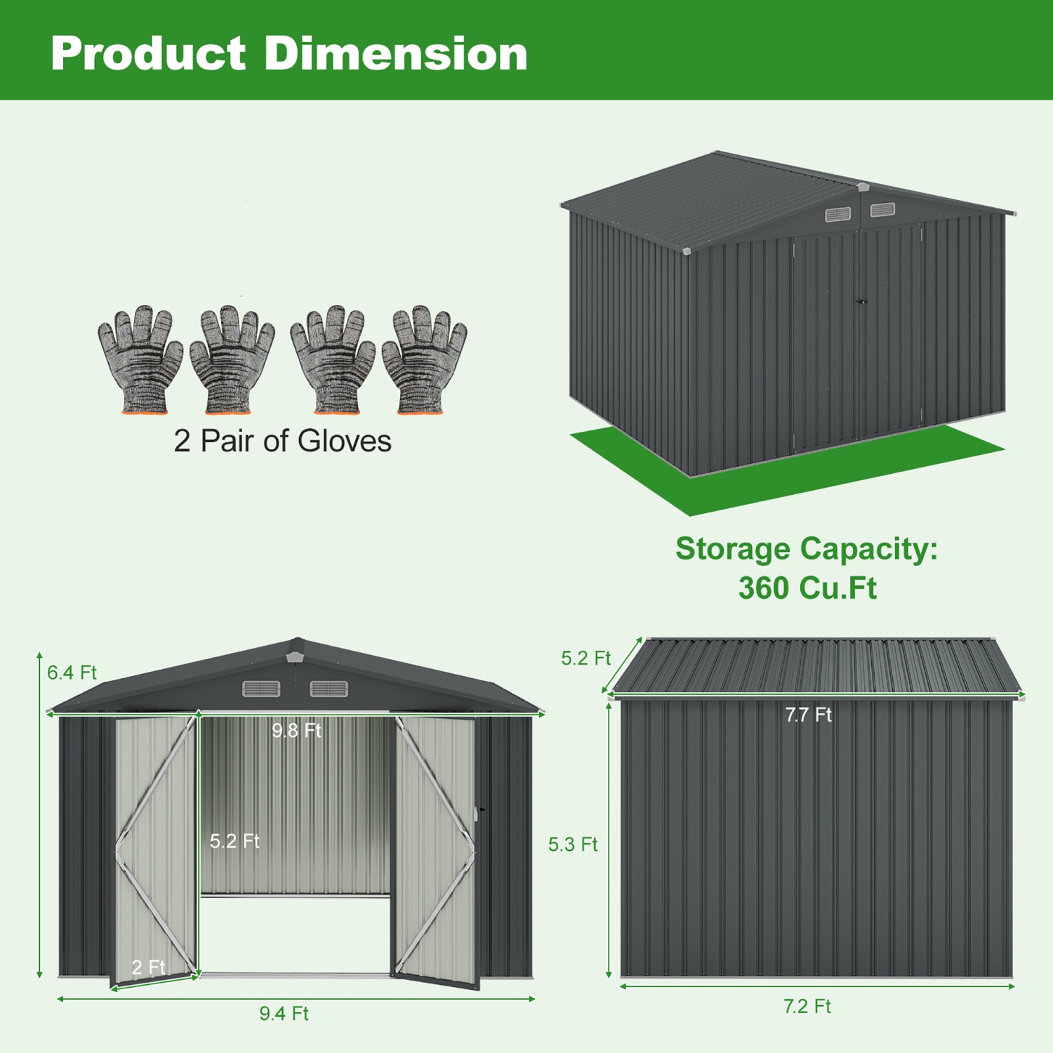 Gymax 10' x 7.7' Outdoor Storage Shed w/ 4 Vents Lockable Doors Waterproof & Windproof