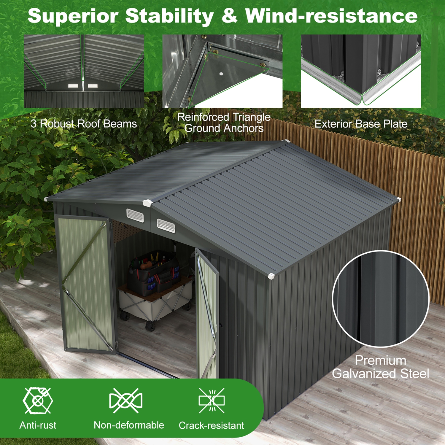 Gymax 10' x 7.7' Outdoor Storage Shed w/ 4 Vents Lockable Doors Waterproof & Windproof