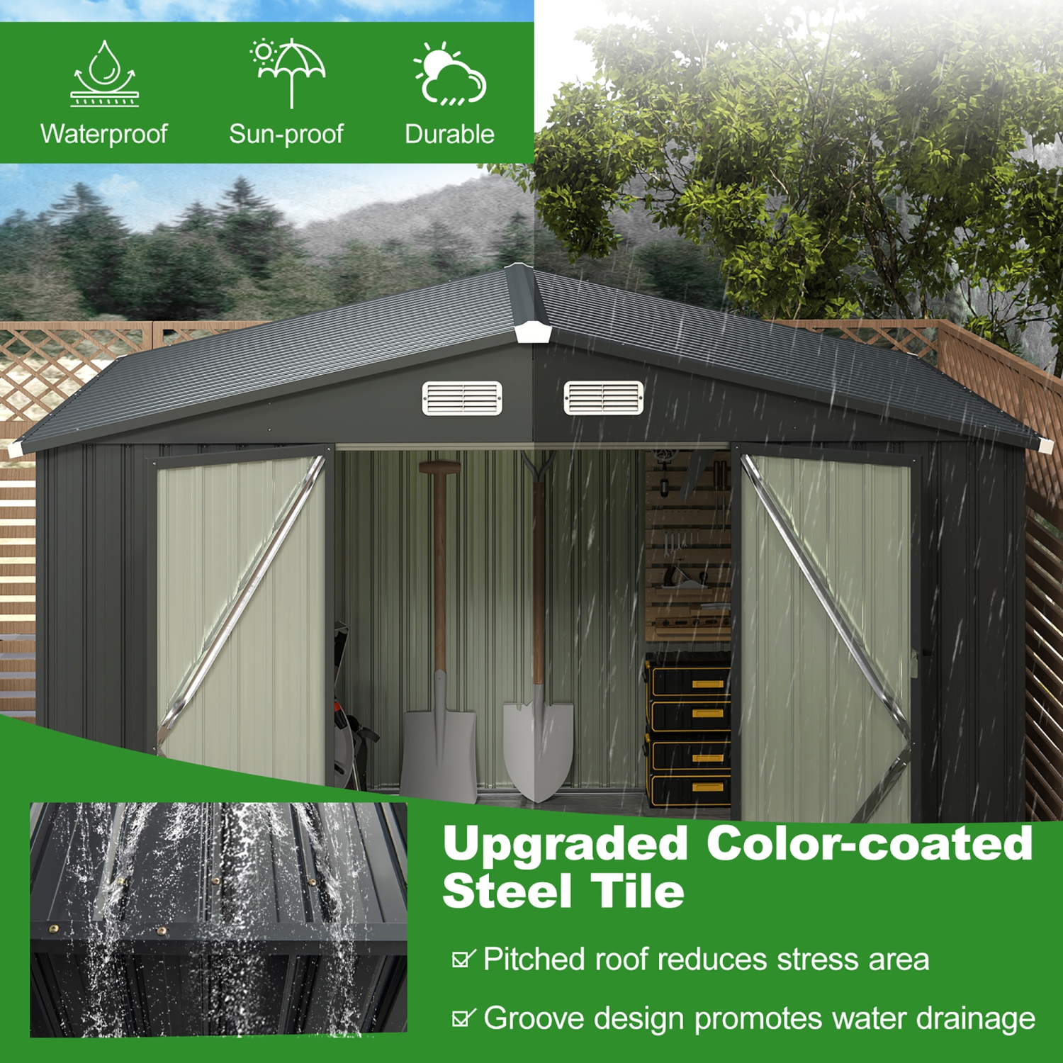 Gymax 10' x 7.7' Outdoor Storage Shed w/ 4 Vents Lockable Doors Waterproof & Windproof