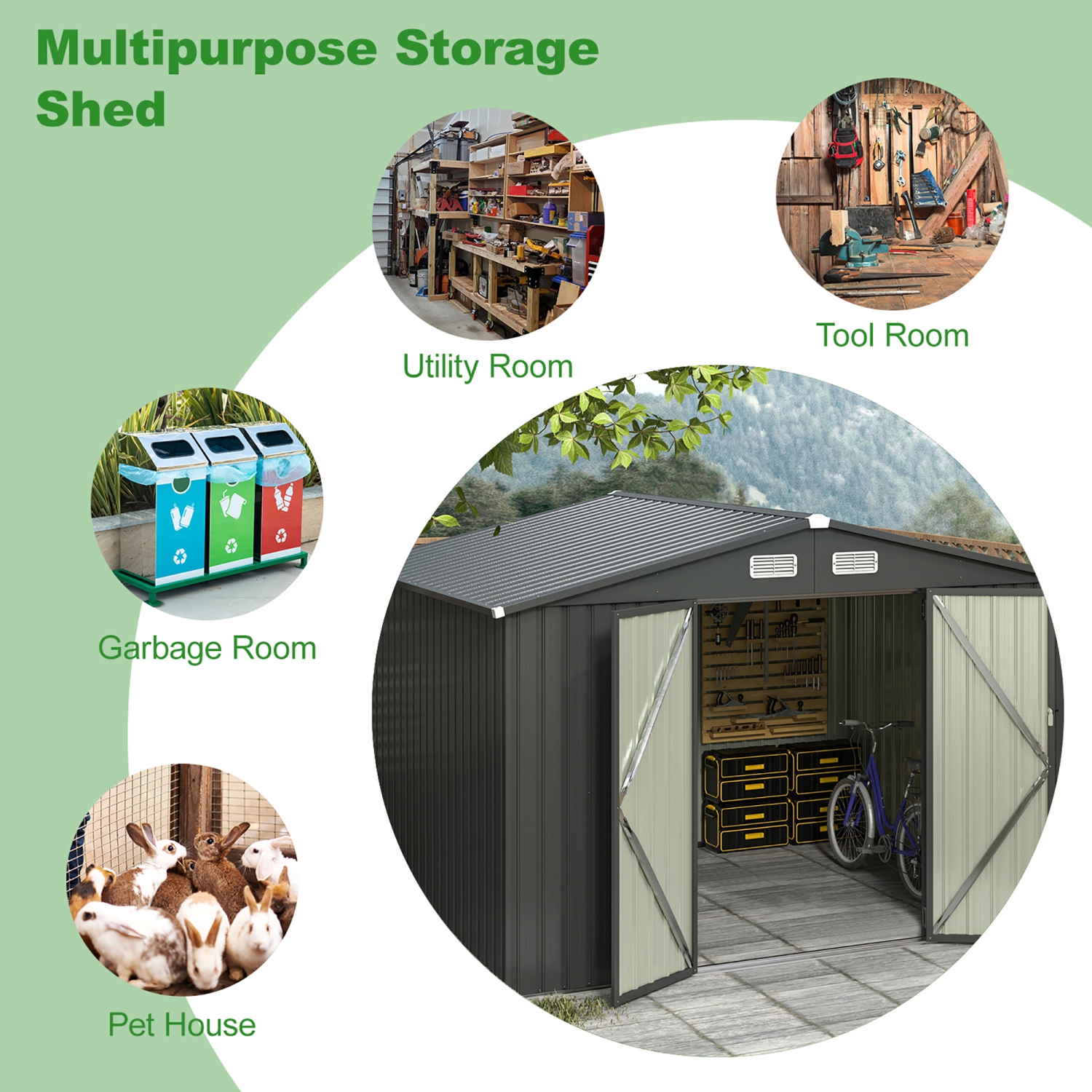 Gymax 10' x 7.7' Outdoor Storage Shed w/ 4 Vents Lockable Doors Waterproof & Windproof