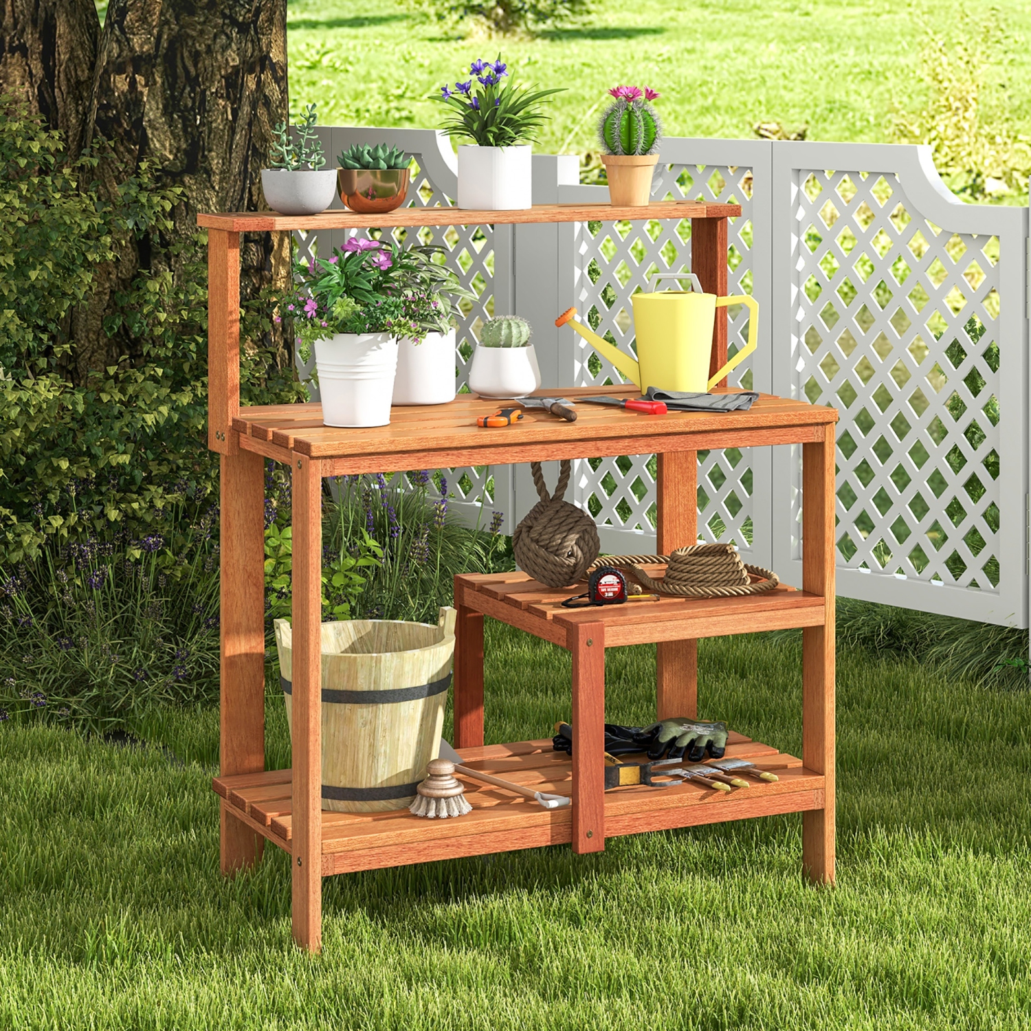 Gymax Outdoor Potting Bench Table w/Open Shelves Teak Oil Finish Gardening Workstation
