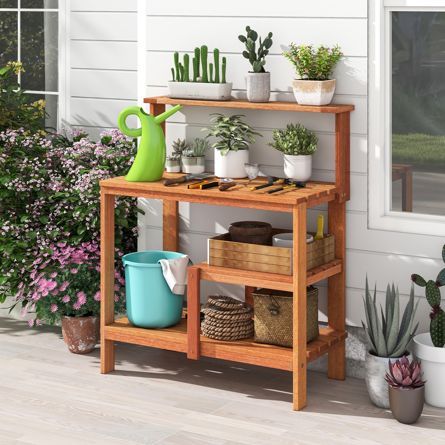 Gymax Outdoor Potting Bench Table w/Open Shelves Teak Oil Finish Gardening Workstation