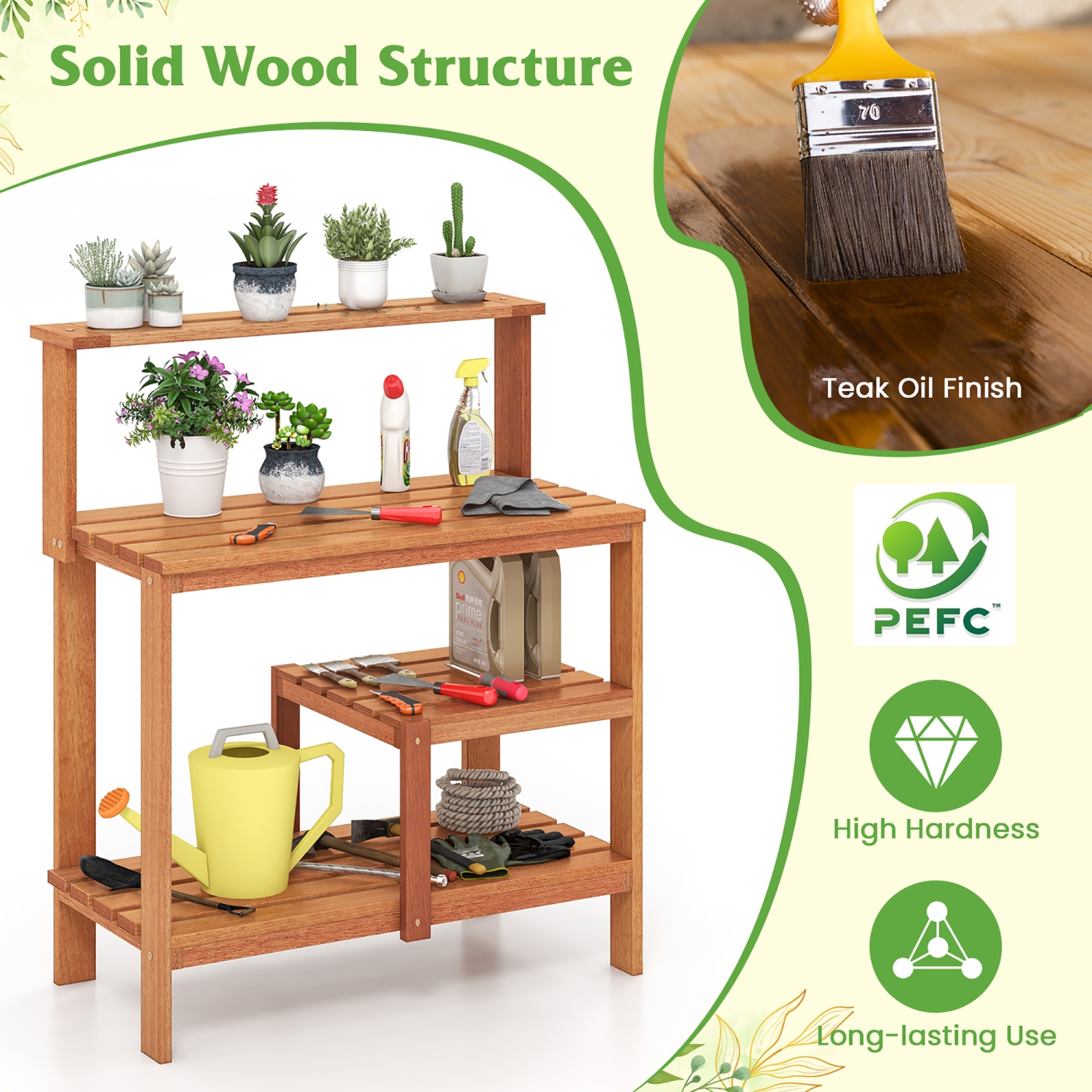 Gymax Outdoor Potting Bench Table w/Open Shelves Teak Oil Finish Gardening Workstation