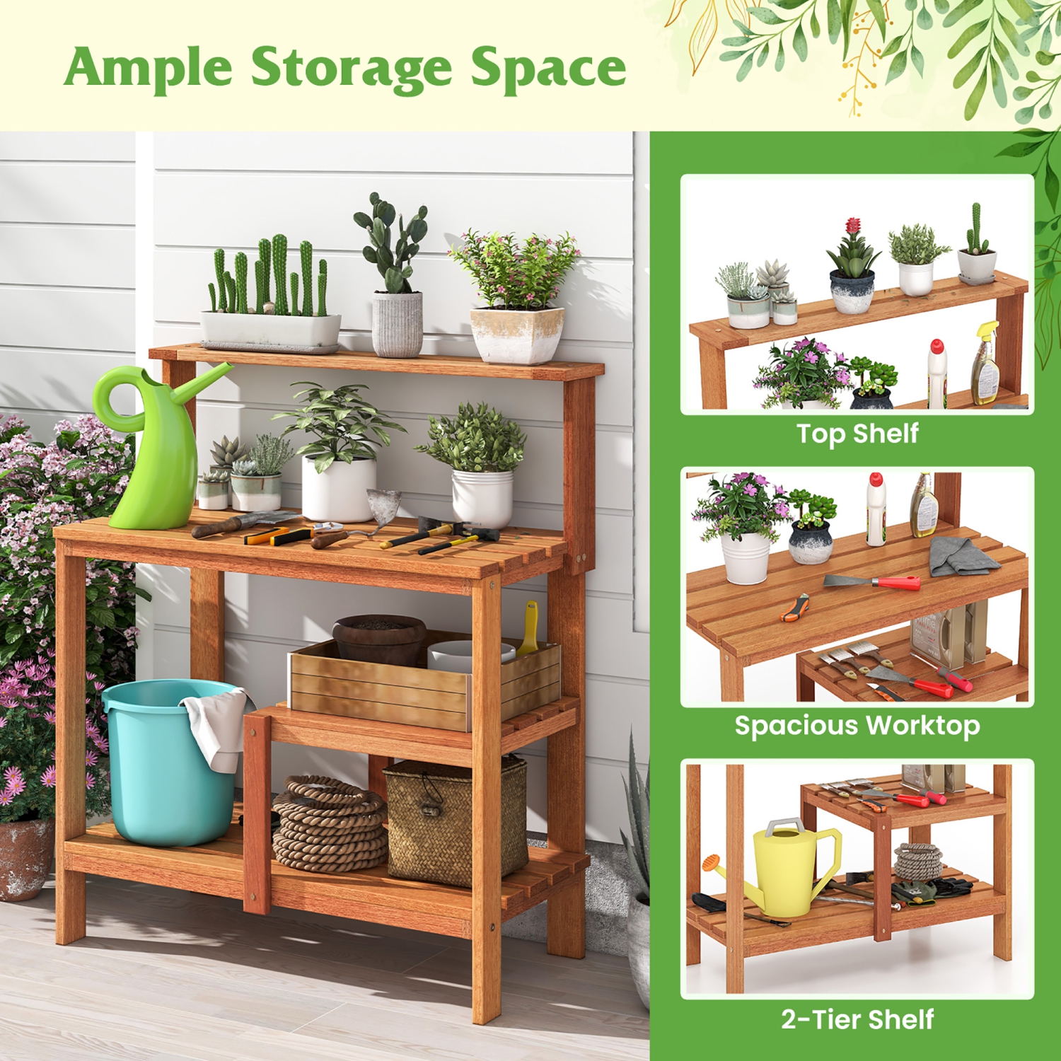 Gymax Outdoor Potting Bench Table w/Open Shelves Teak Oil Finish Gardening Workstation