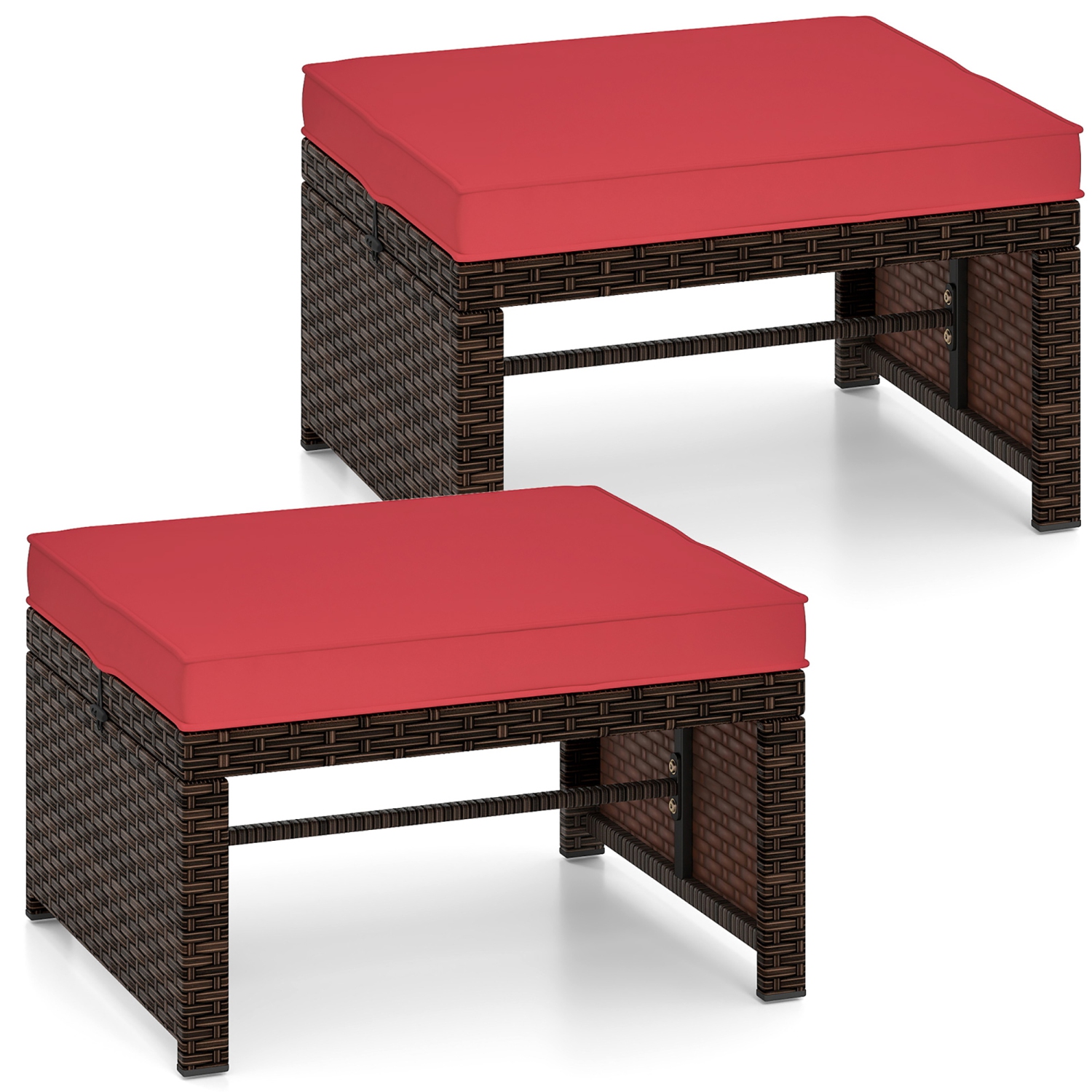 Gymax Set of 2 Patio PE Rattan Ottomans w/ Soft Zippered Cushions for Deck Outdoor