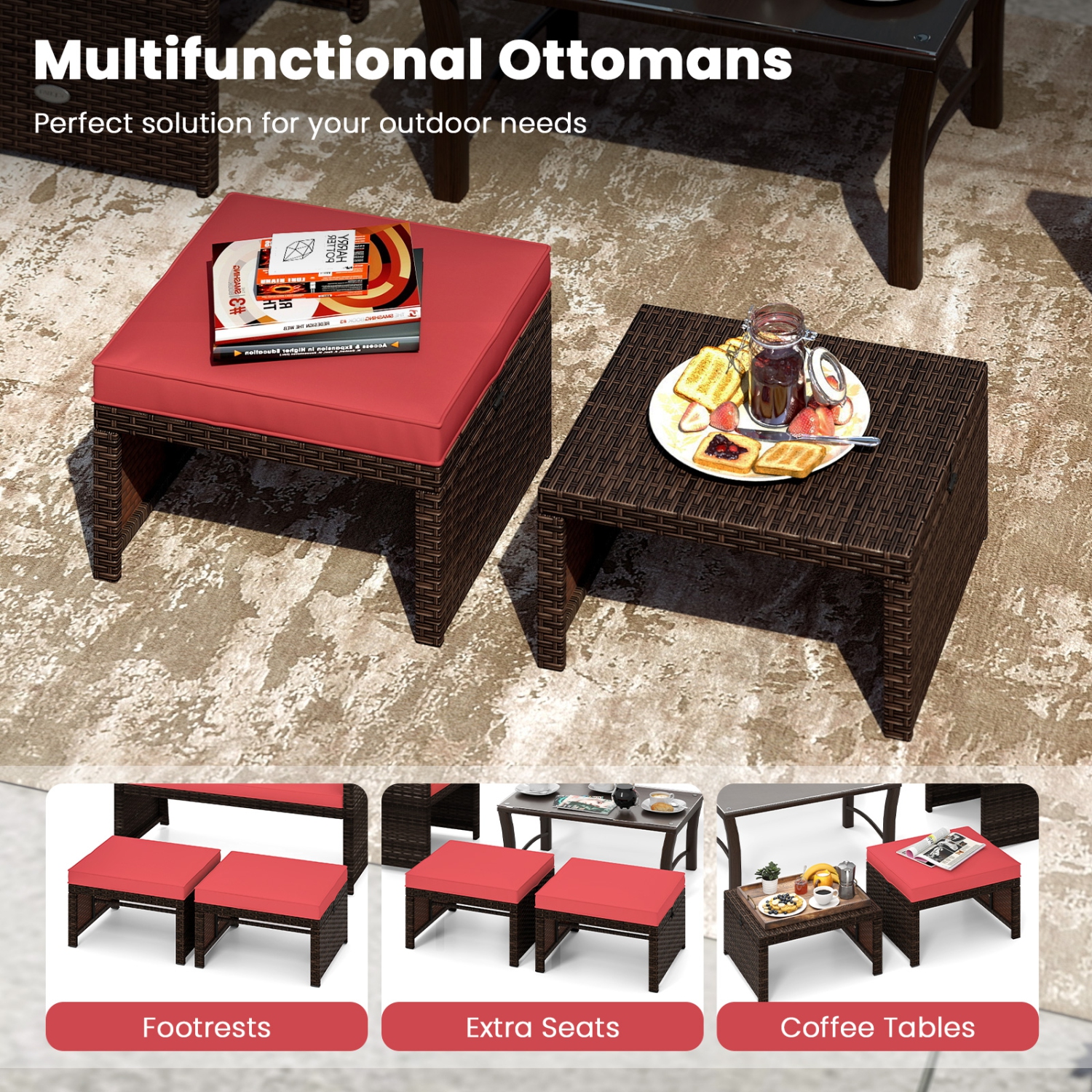 Gymax Set of 2 Patio PE Rattan Ottomans w/ Soft Zippered Cushions for Deck Outdoor